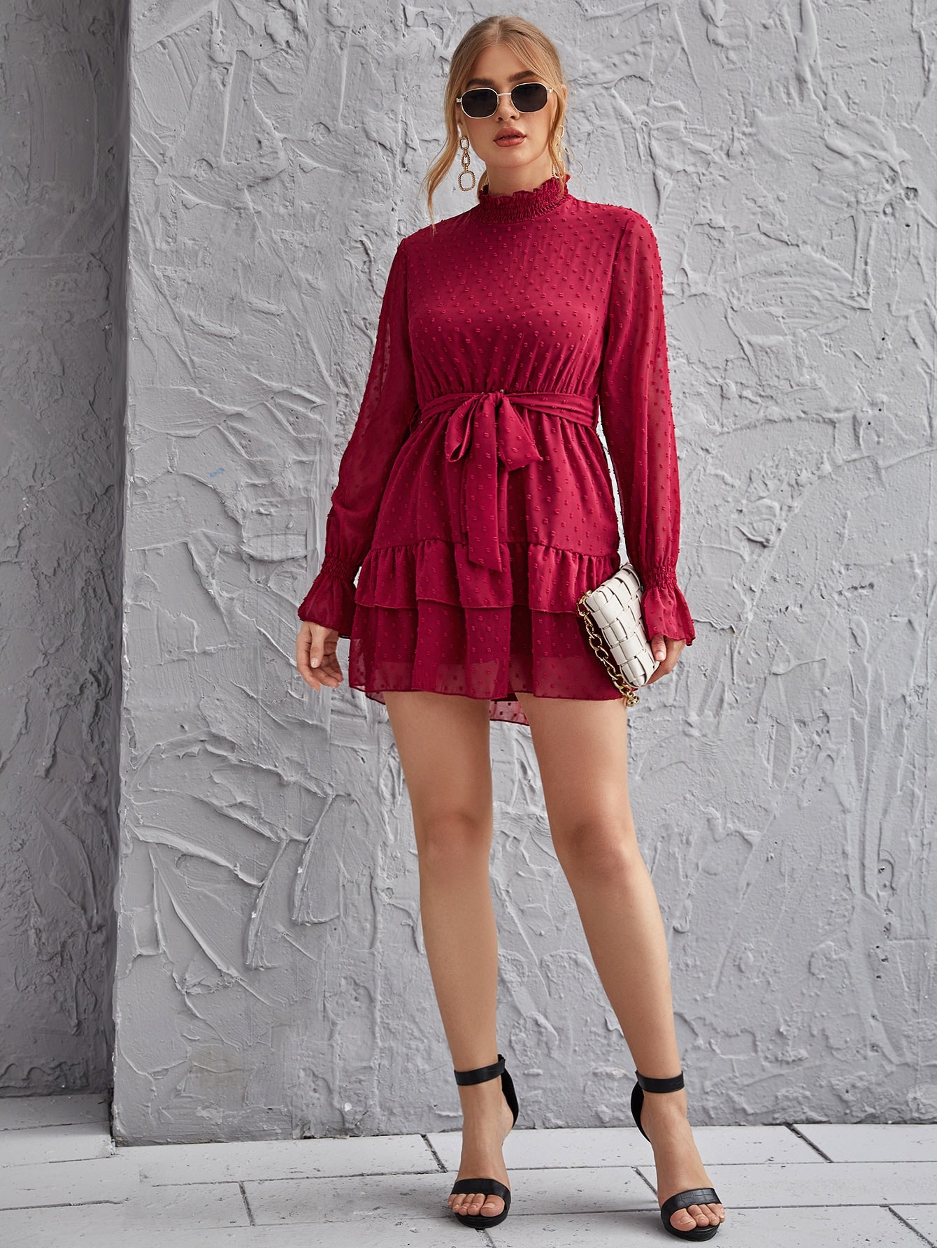 Shirred Neck Layered Hem Belted Swiss Dot Dress