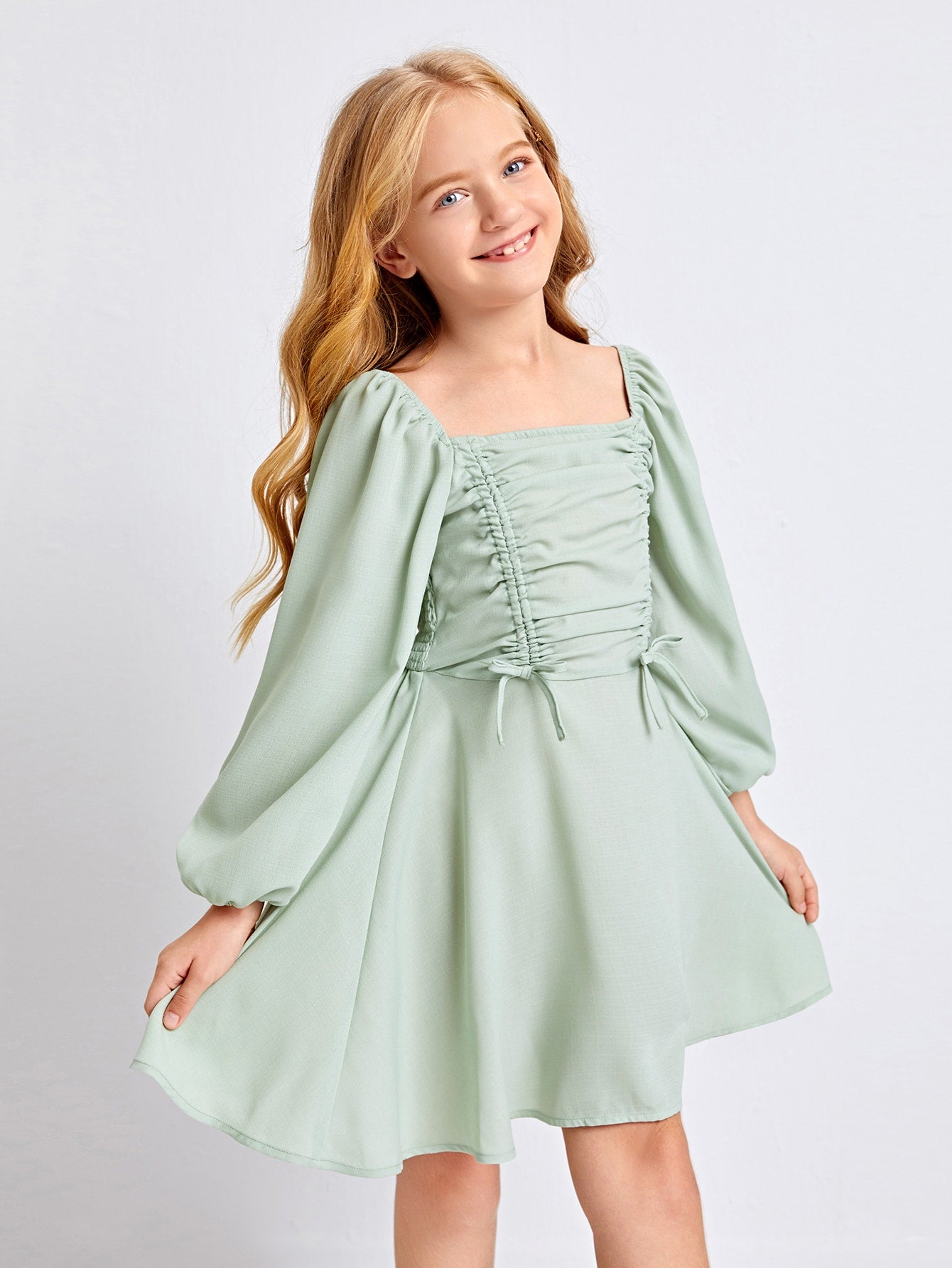 Girls Drawstring Front Shirred Back Lantern Sleeve Dress