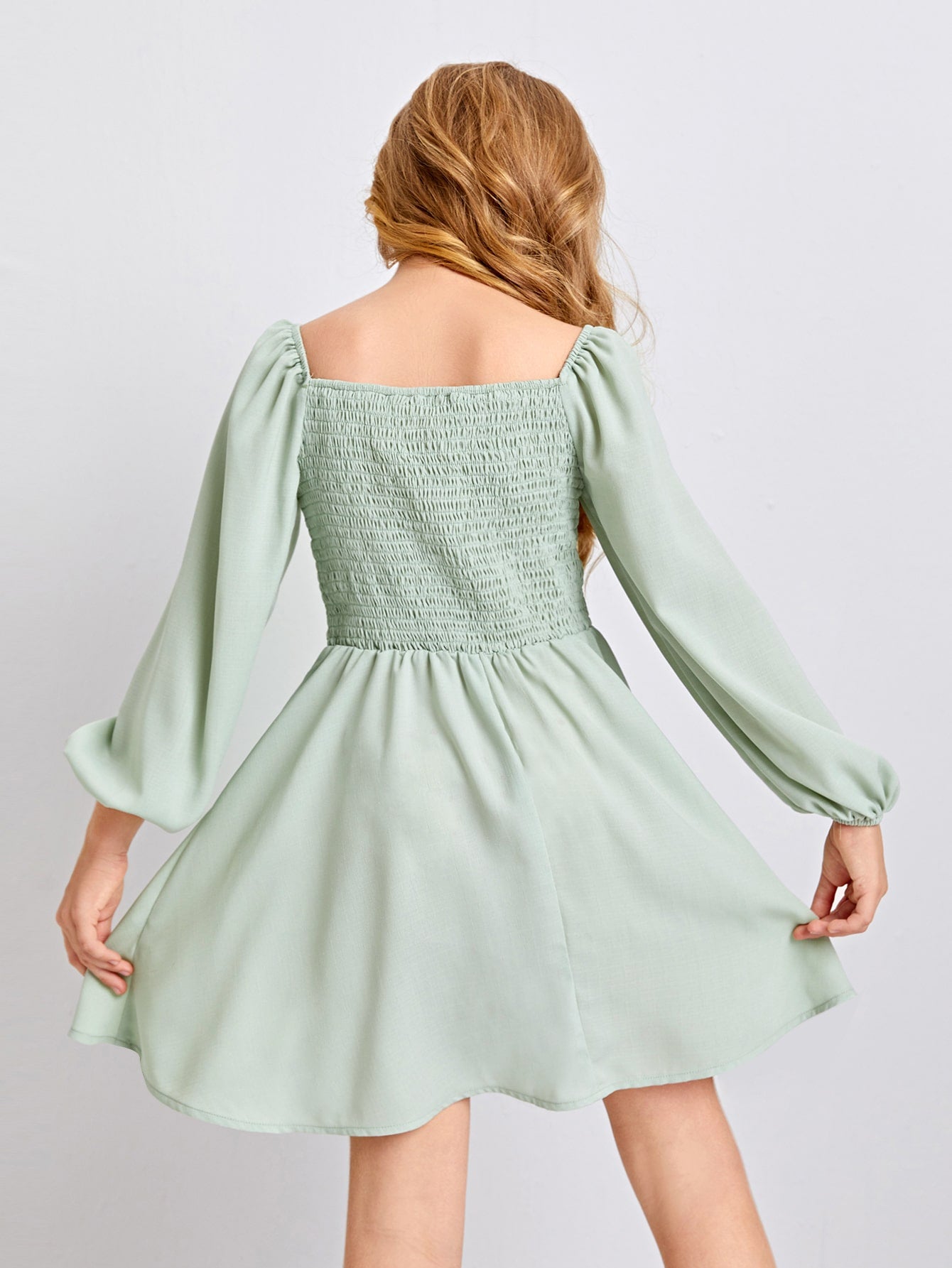 Girls Drawstring Front Shirred Back Lantern Sleeve Dress
