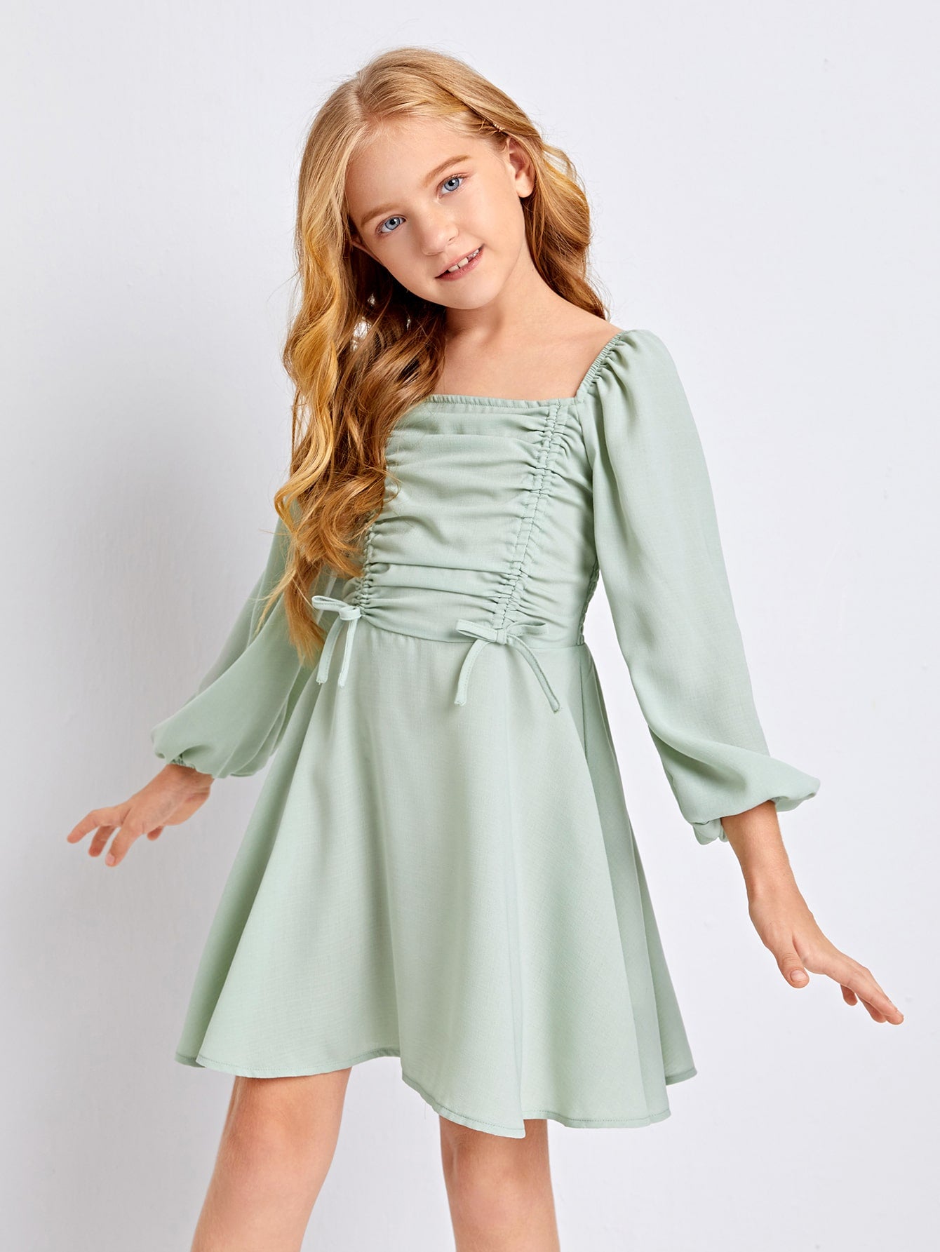 Girls Drawstring Front Shirred Back Lantern Sleeve Dress