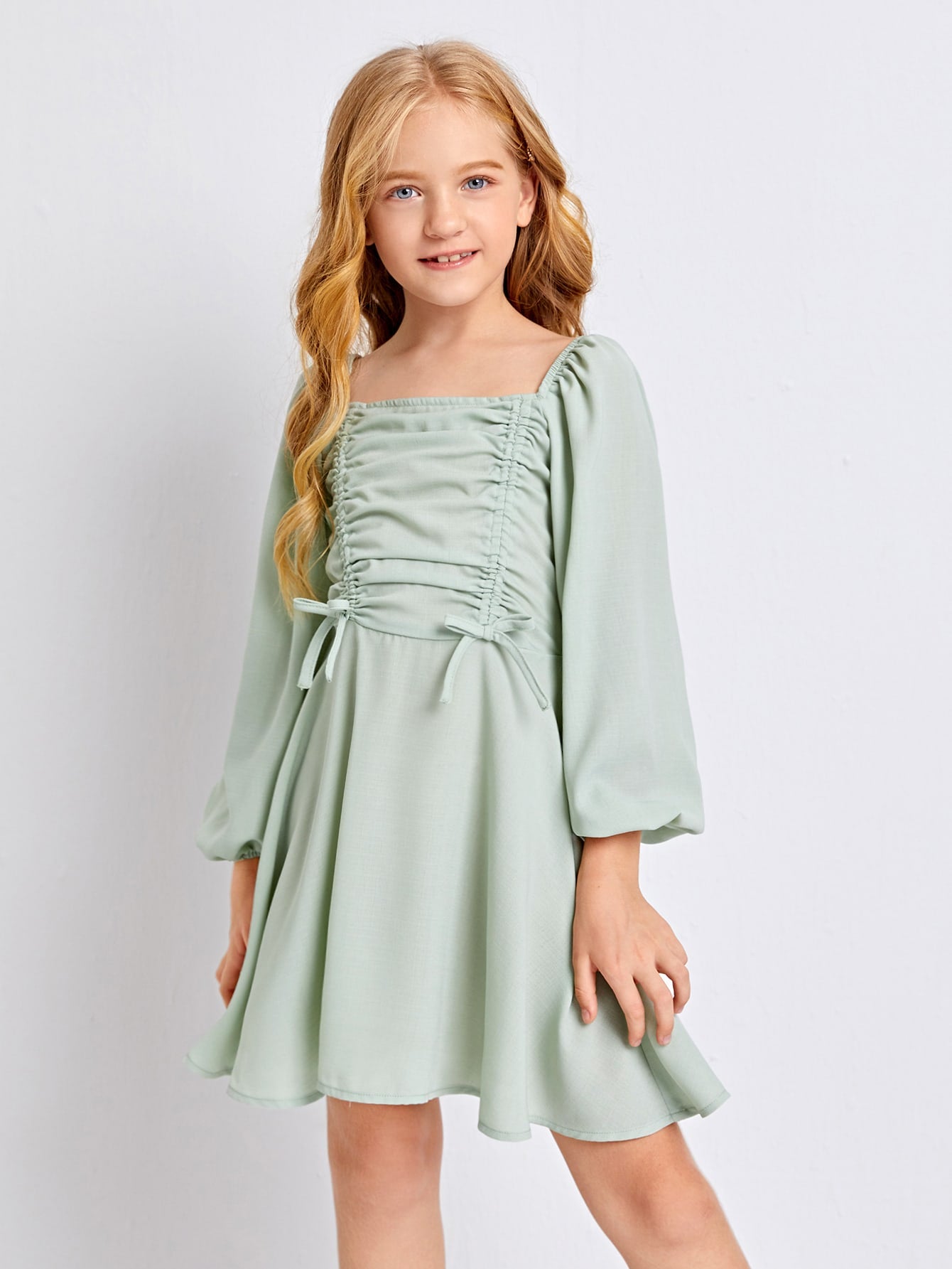 Girls Drawstring Front Shirred Back Lantern Sleeve Dress
