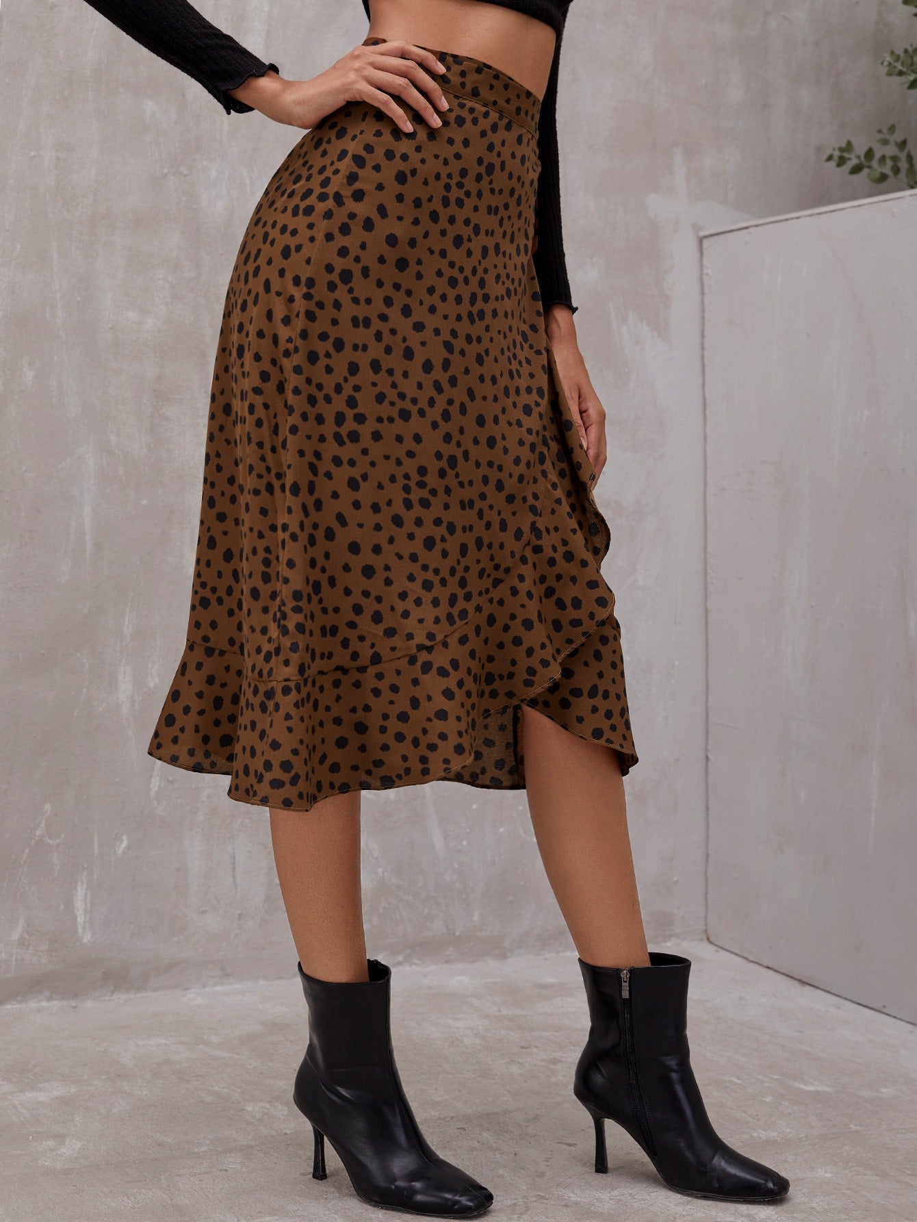 Allover Print Ruffle Hem Wrap Skirt