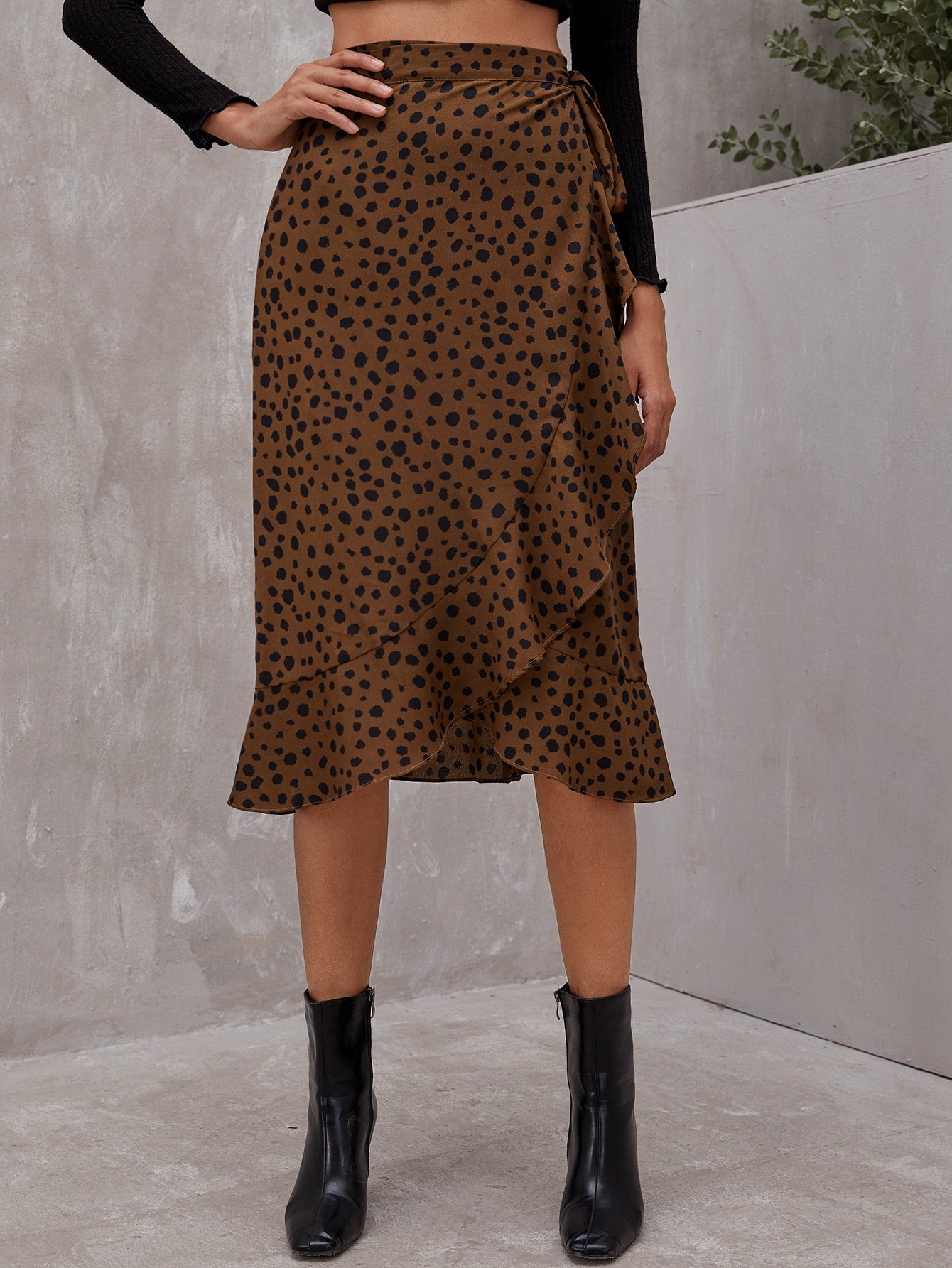 Allover Print Ruffle Hem Wrap Skirt