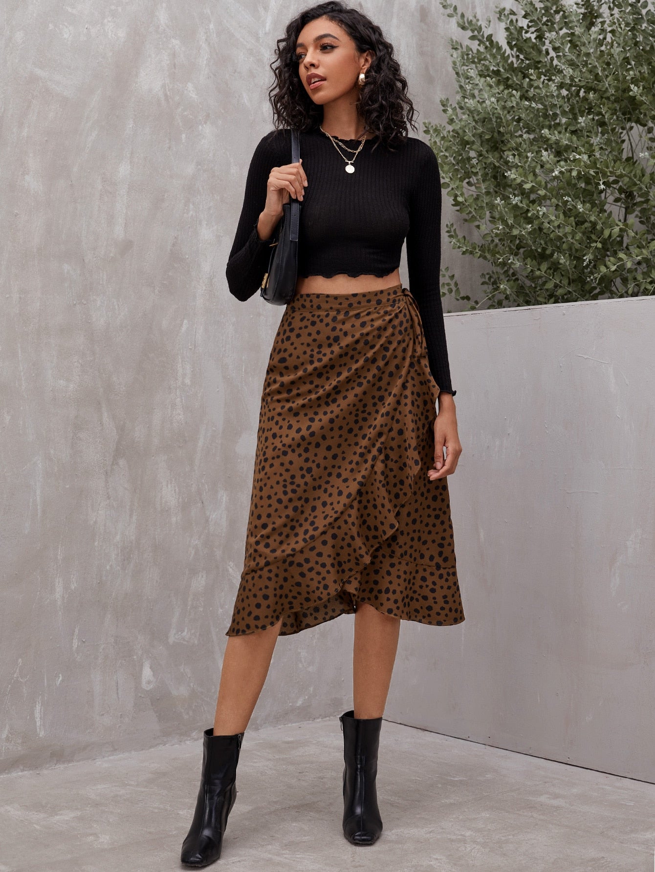 Allover Print Ruffle Hem Wrap Skirt