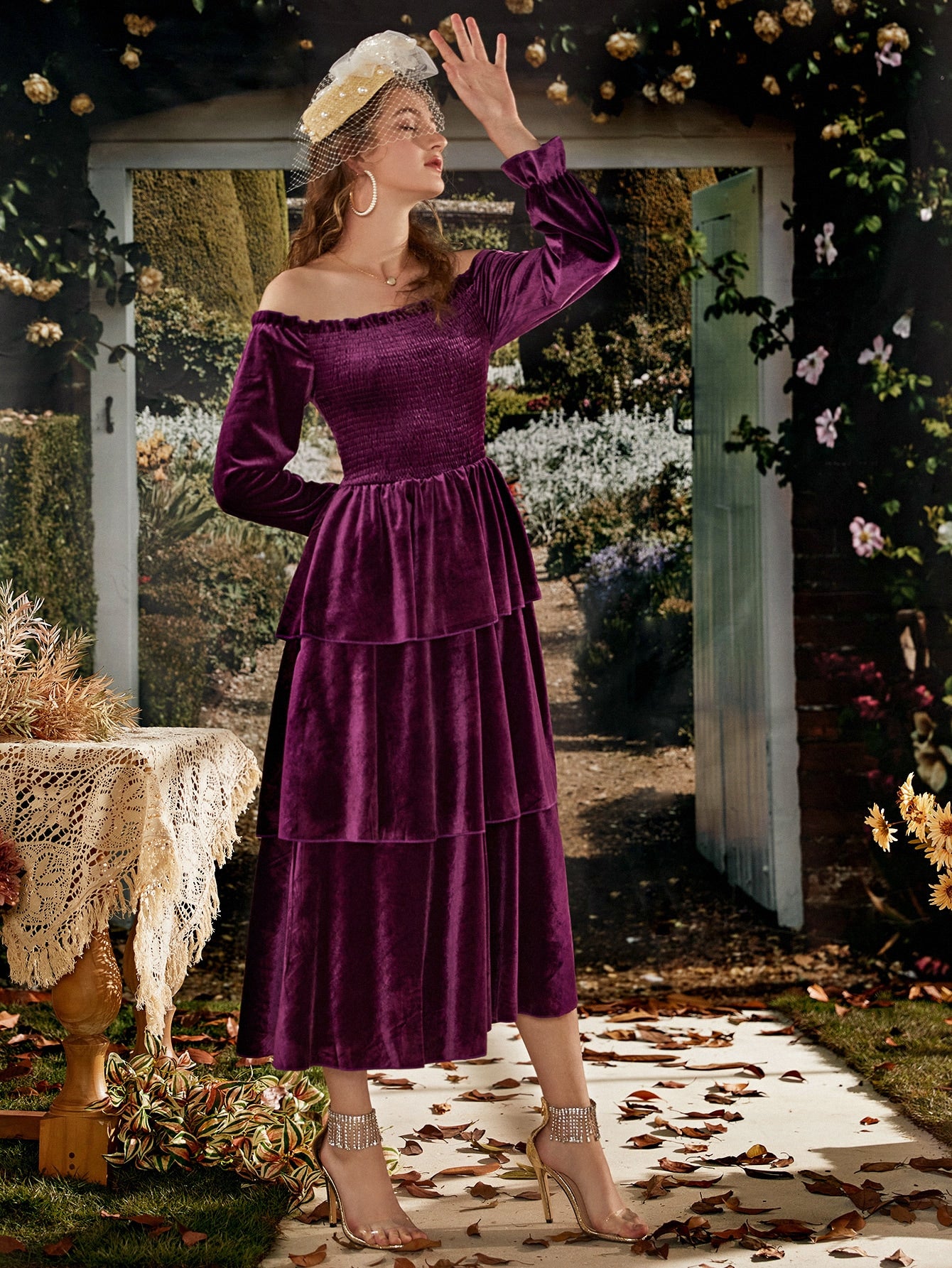 Shirred Bodice Tiered Layer Velvet Bardot Dress Amy's Cart Shirred Bodice Tiered Layer Velvet Bardot Dress Amy's Cart