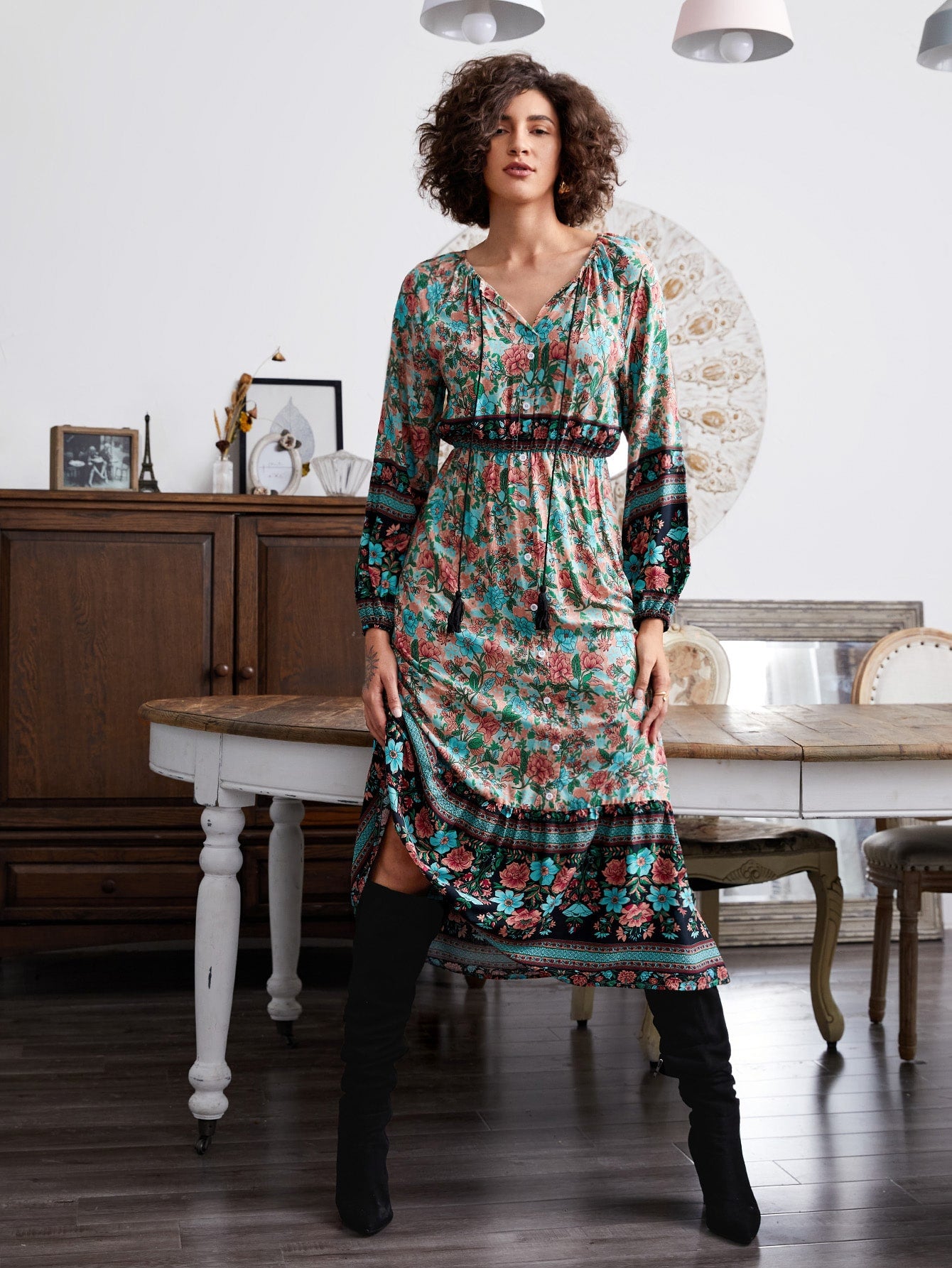 Fringe Tie Neck Button Front Floral Dress