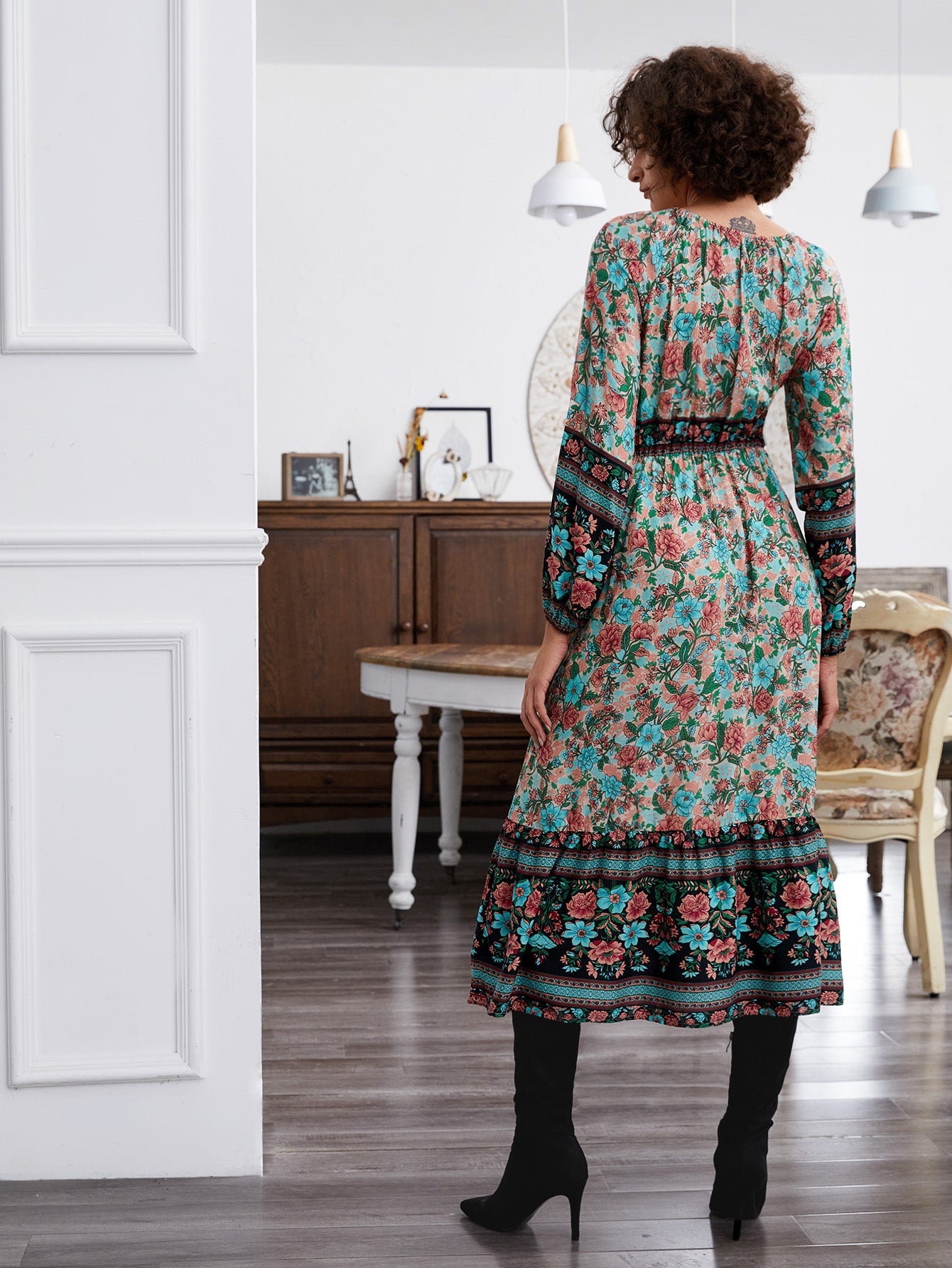 Fringe Tie Neck Button Front Floral Dress