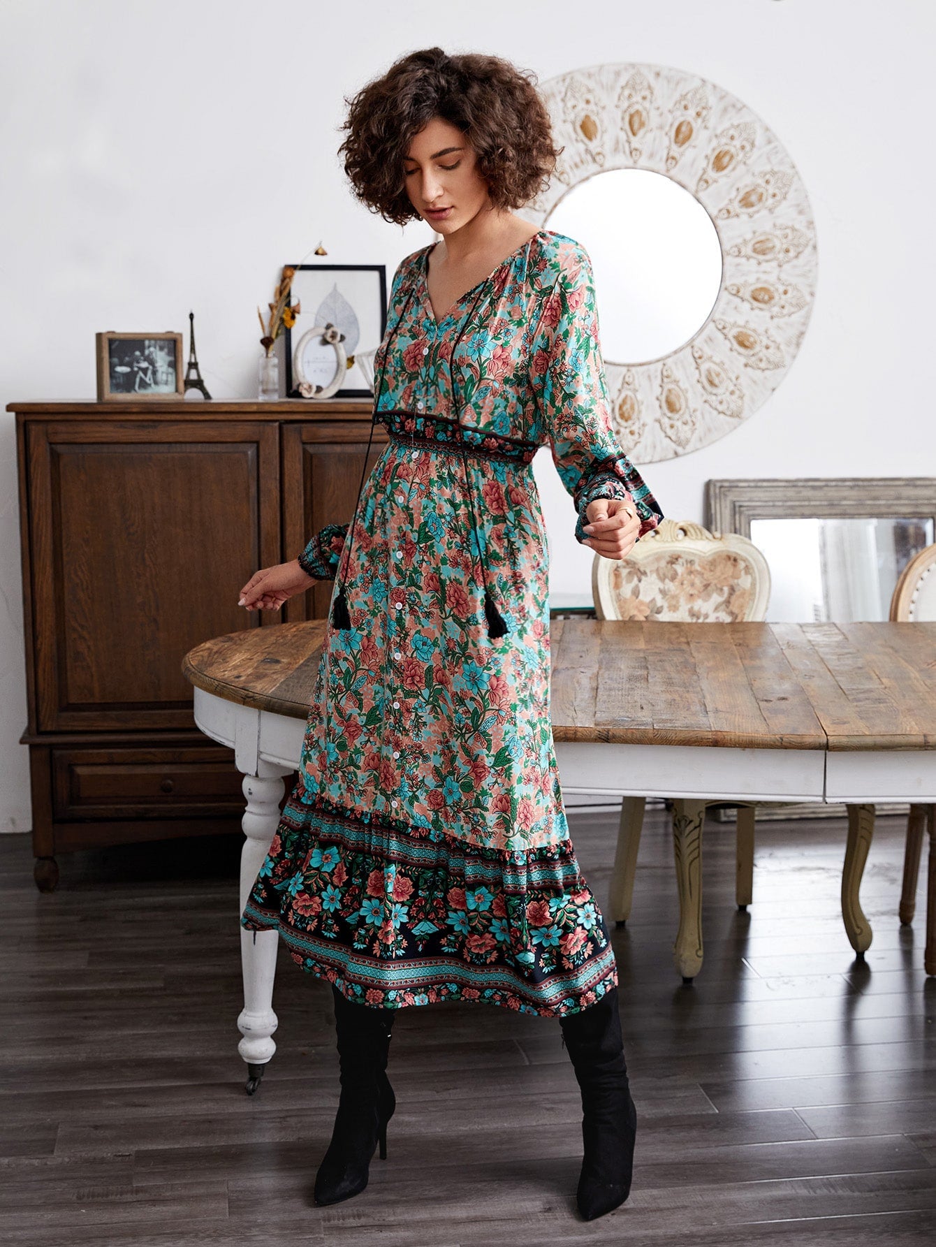 Fringe Tie Neck Button Front Floral Dress