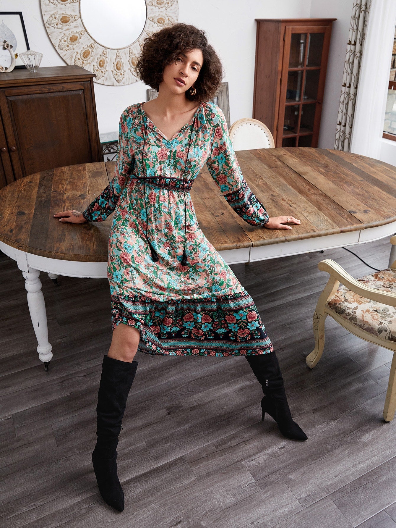 Fringe Tie Neck Button Front Floral Dress