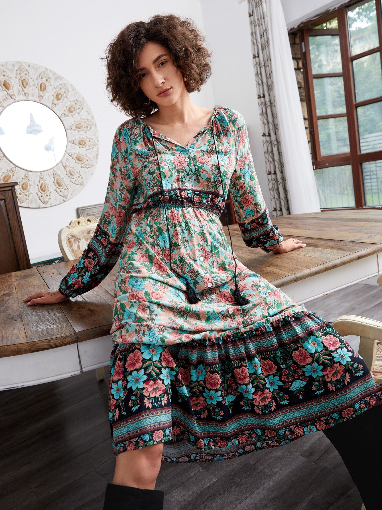 Fringe Tie Neck Button Front Floral Dress