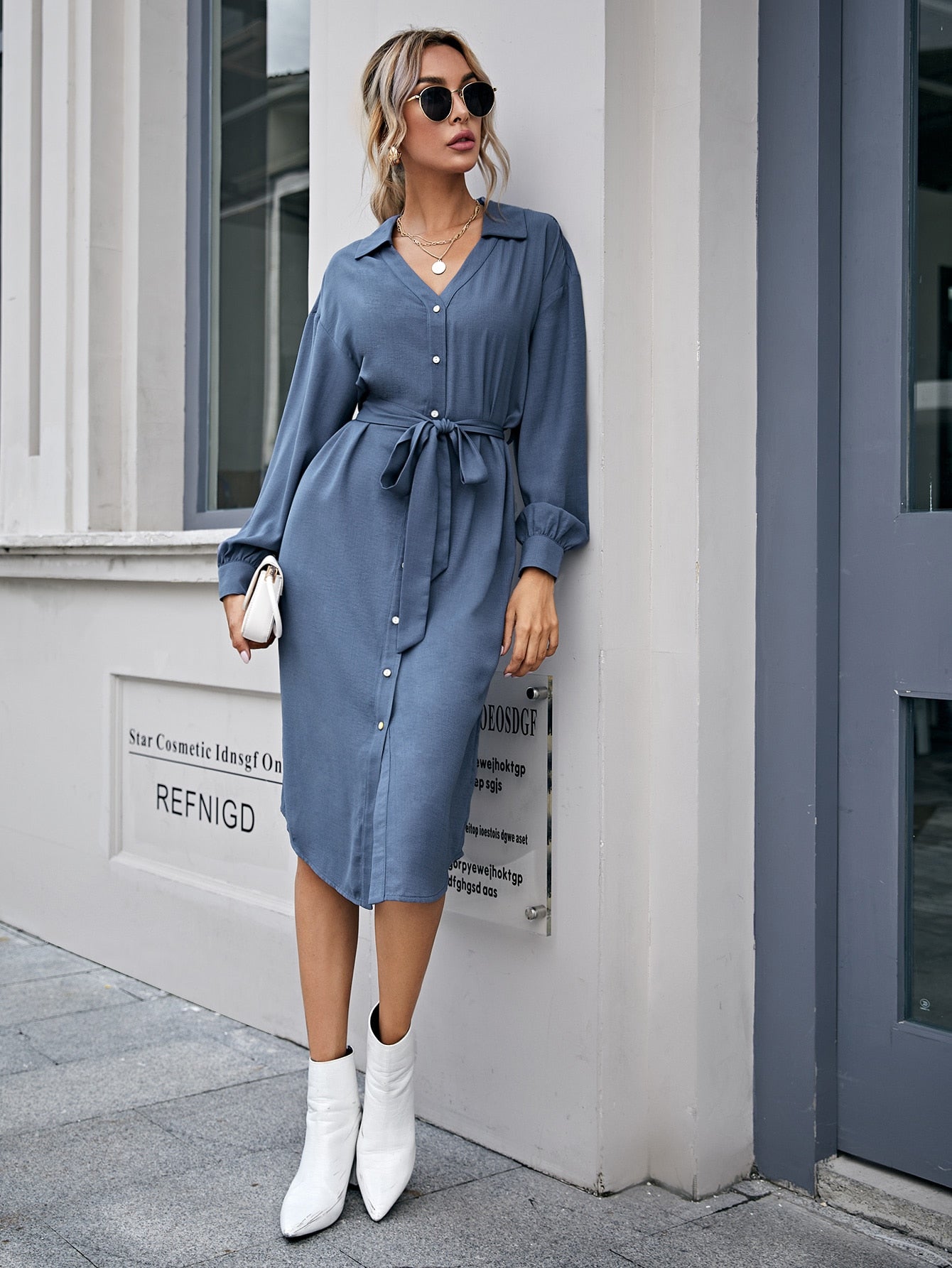Bishop Sleeve Self Belted Dress