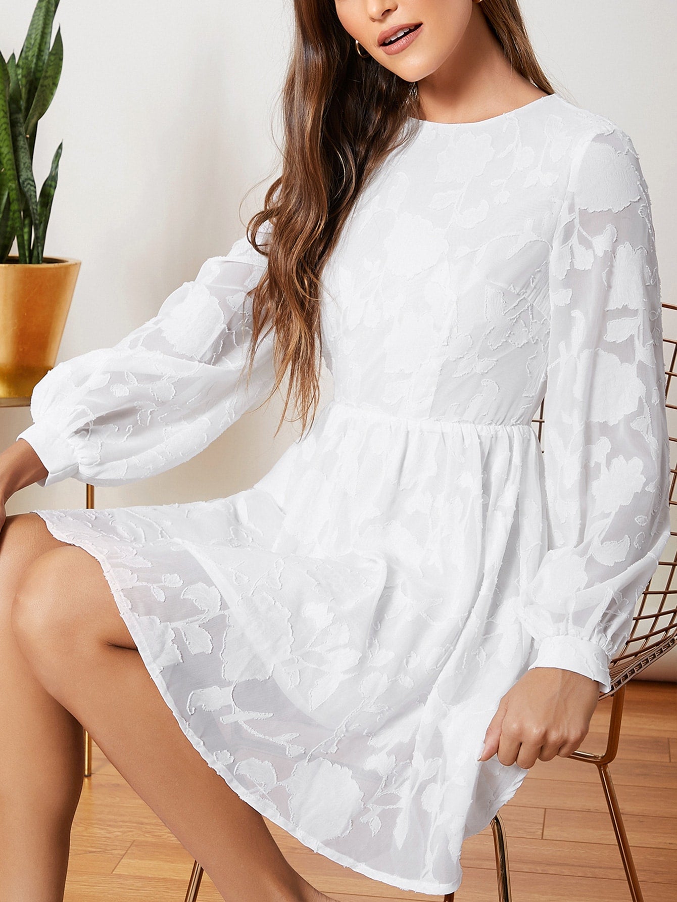 Lantern Sleeve Jacquard Appliques Chiffon Dress