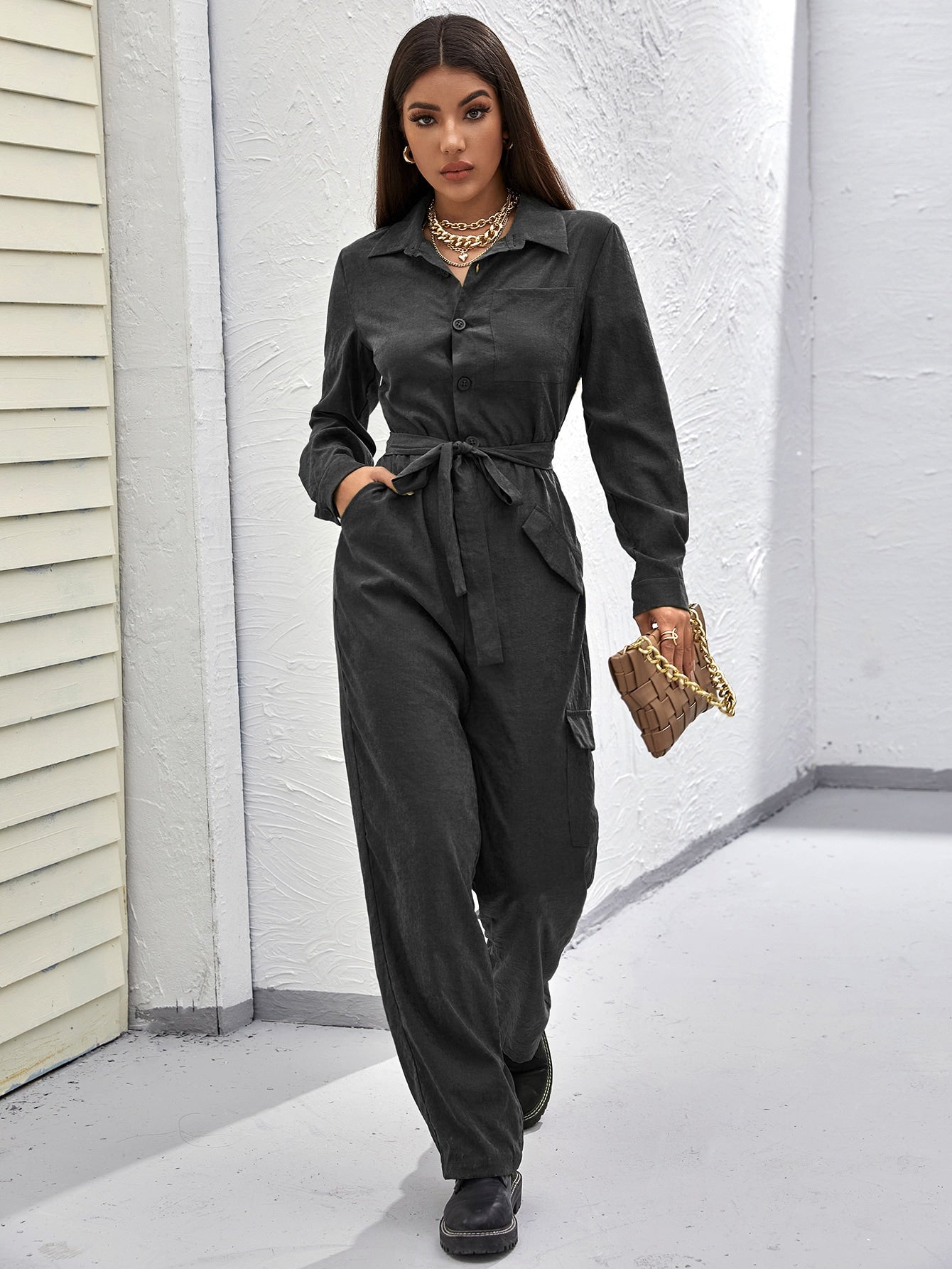 Button Front Slant Pocket Belted Jumpsuit