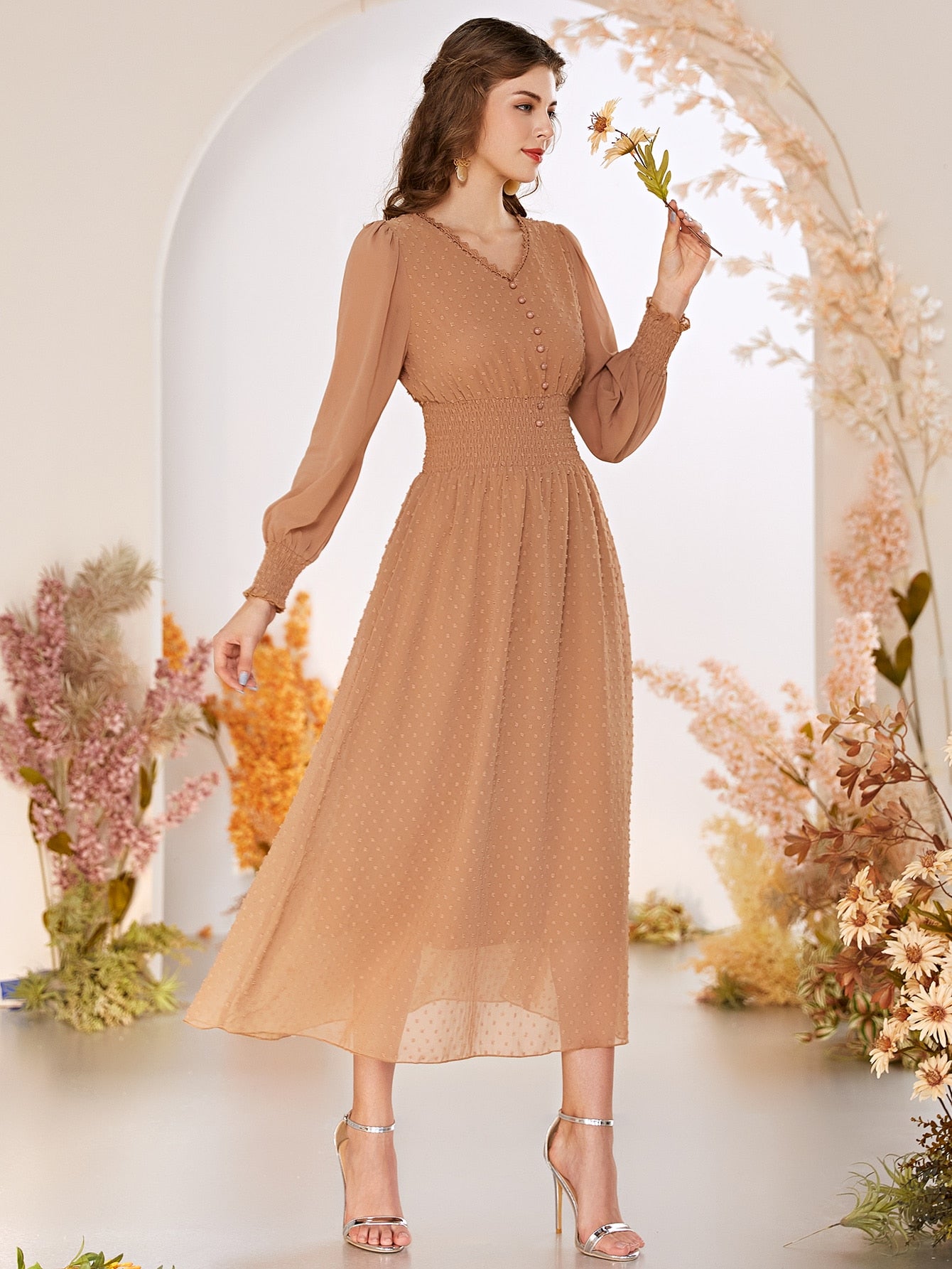 Swiss Dot Button Front Shirred Waist Dress