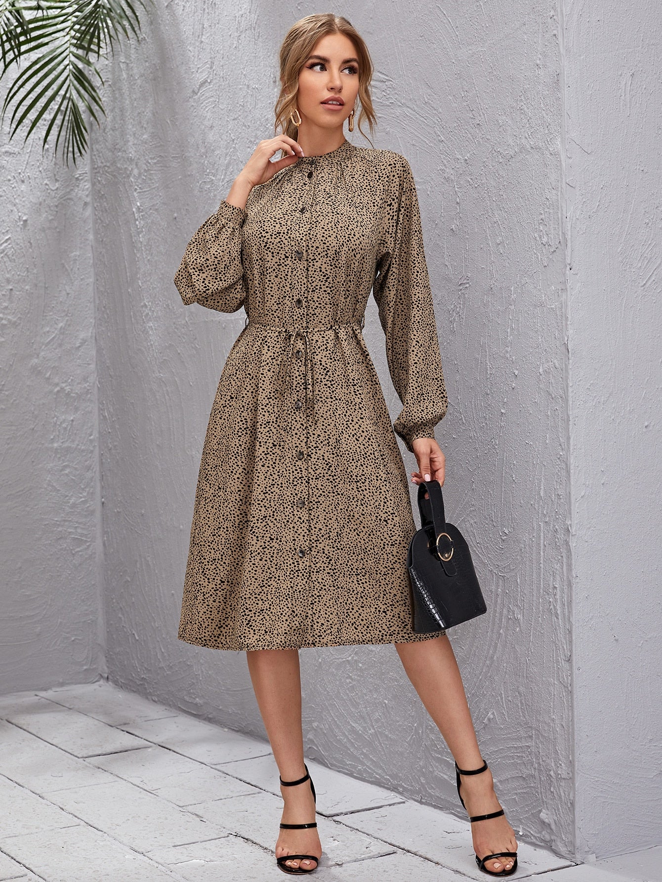 Button Front Belted Dalmatian Print Dress