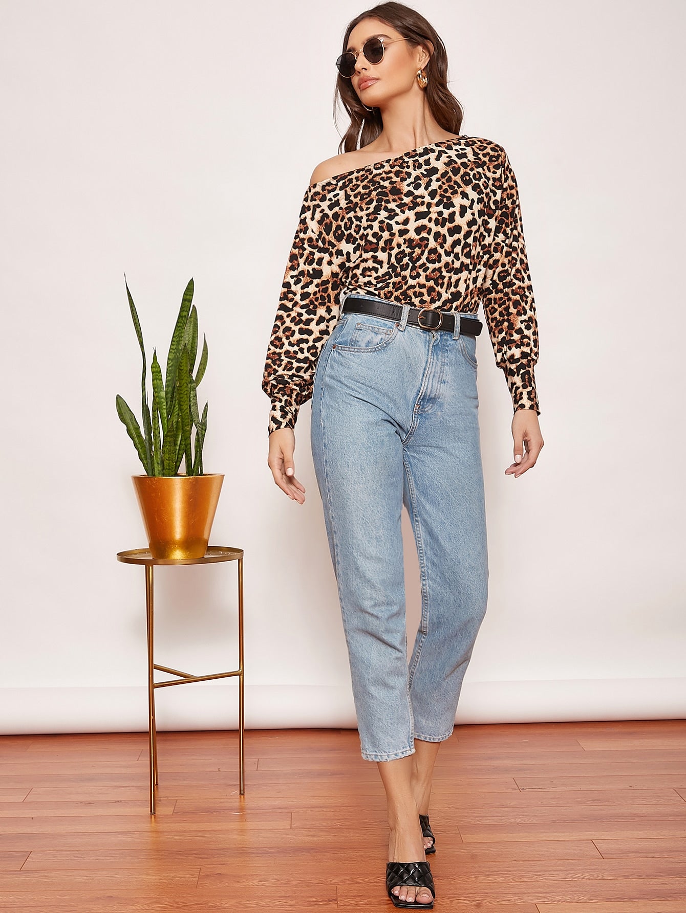 Leopard Print Asymmetrical Neck Lantern Sleeve Top