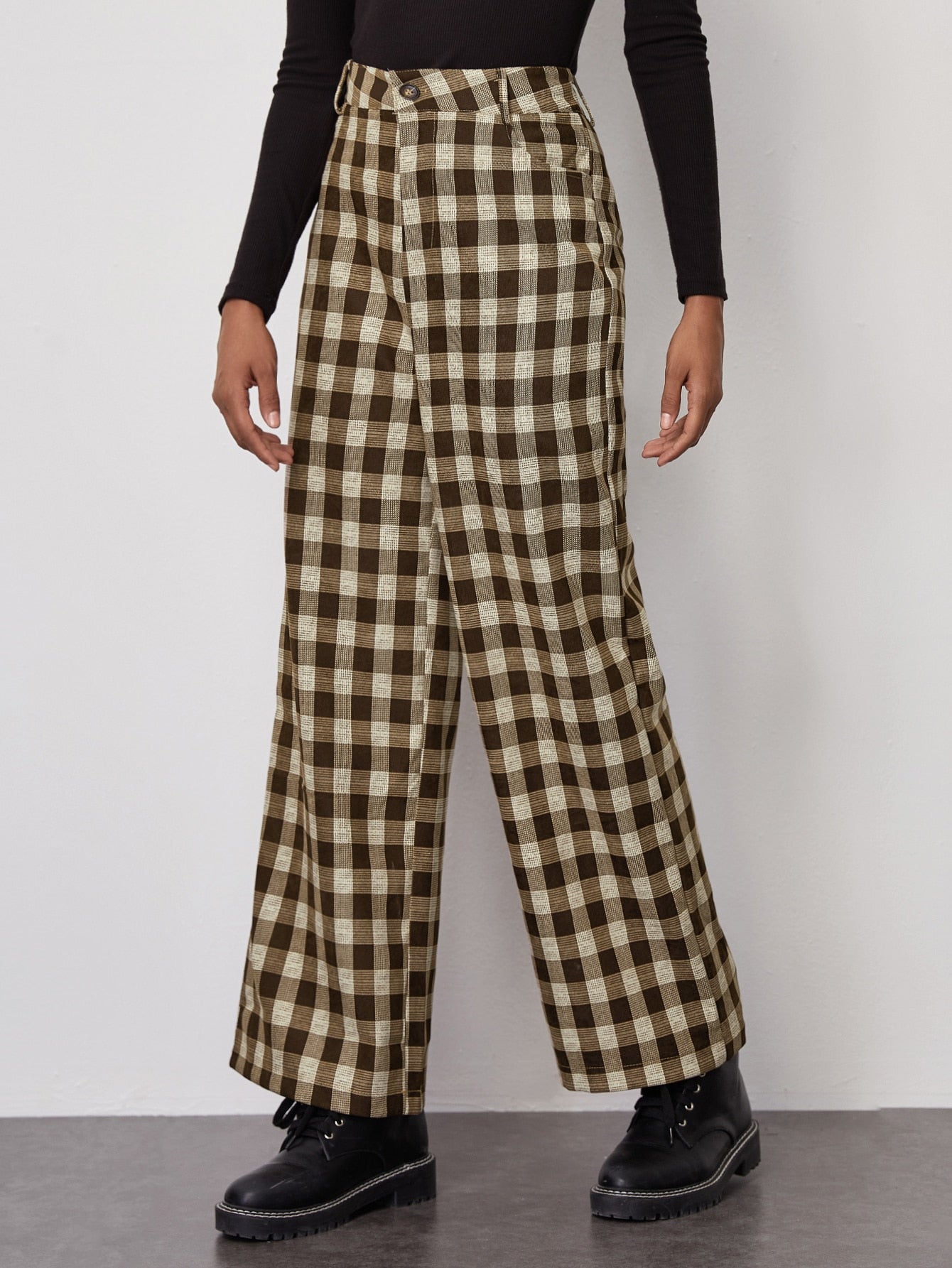 Pocket Side Gingham Wide Leg Pants