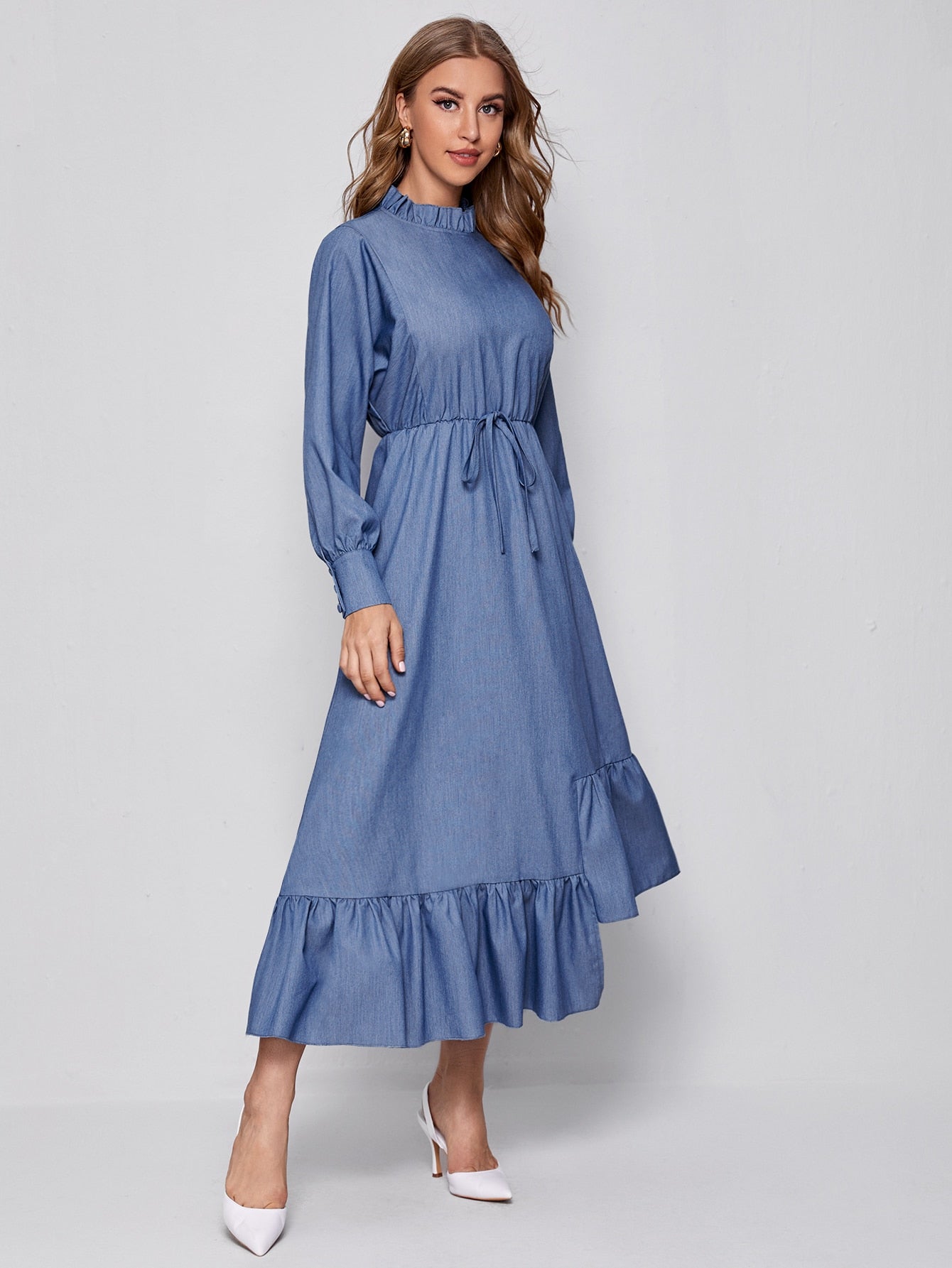 Frill Mock Neck Lantern Sleeve Asymmetrical Ruffle Hem Dress
