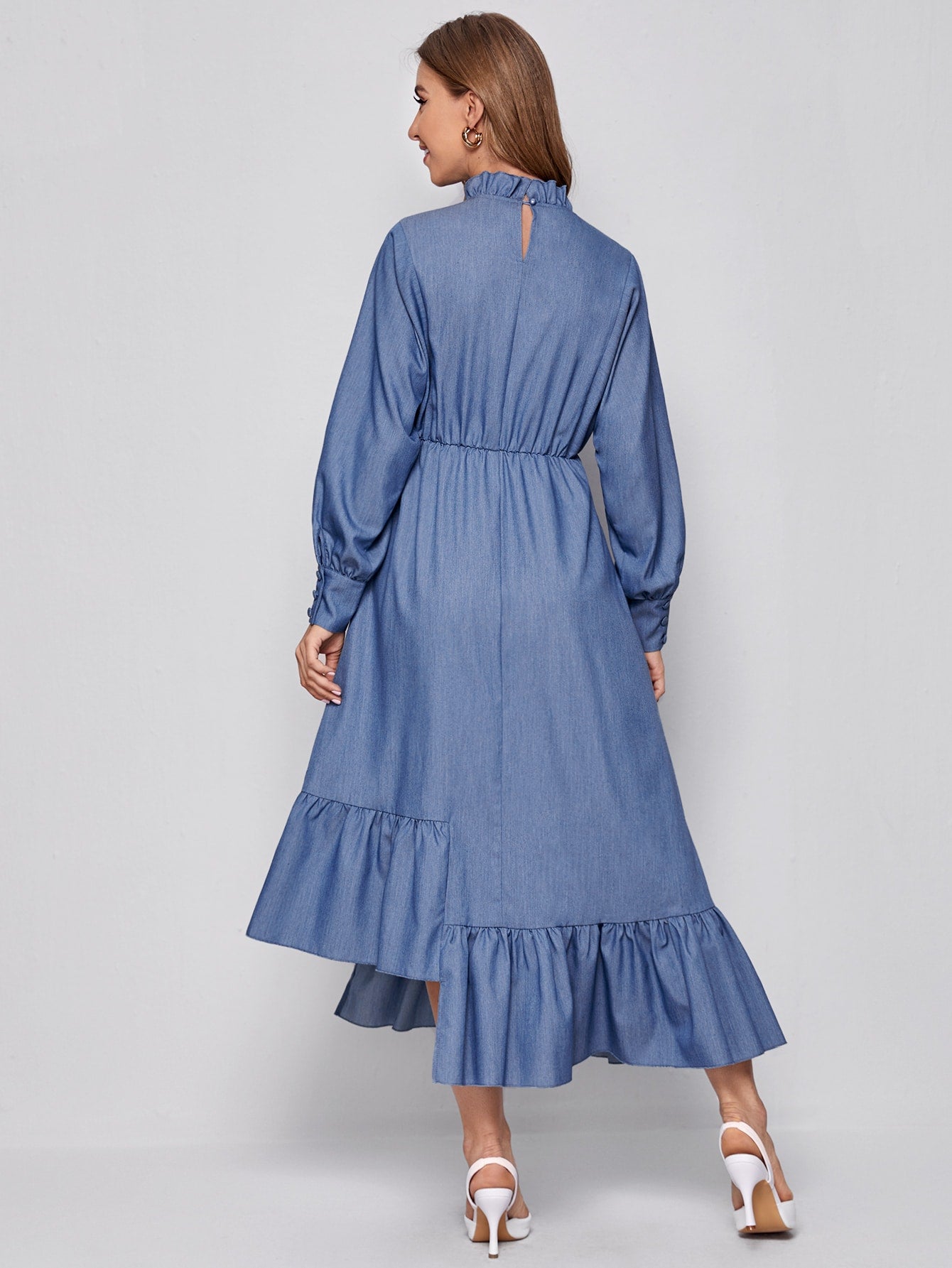 Frill Mock Neck Lantern Sleeve Asymmetrical Ruffle Hem Dress