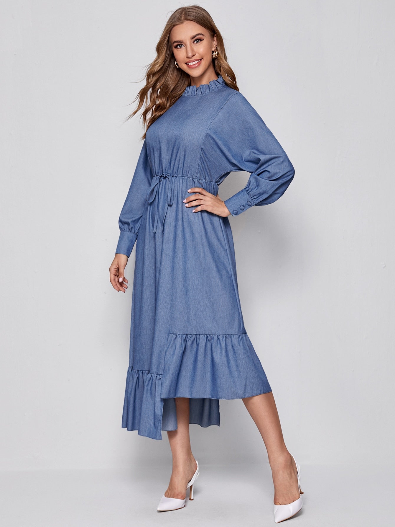 Frill Mock Neck Lantern Sleeve Asymmetrical Ruffle Hem Dress