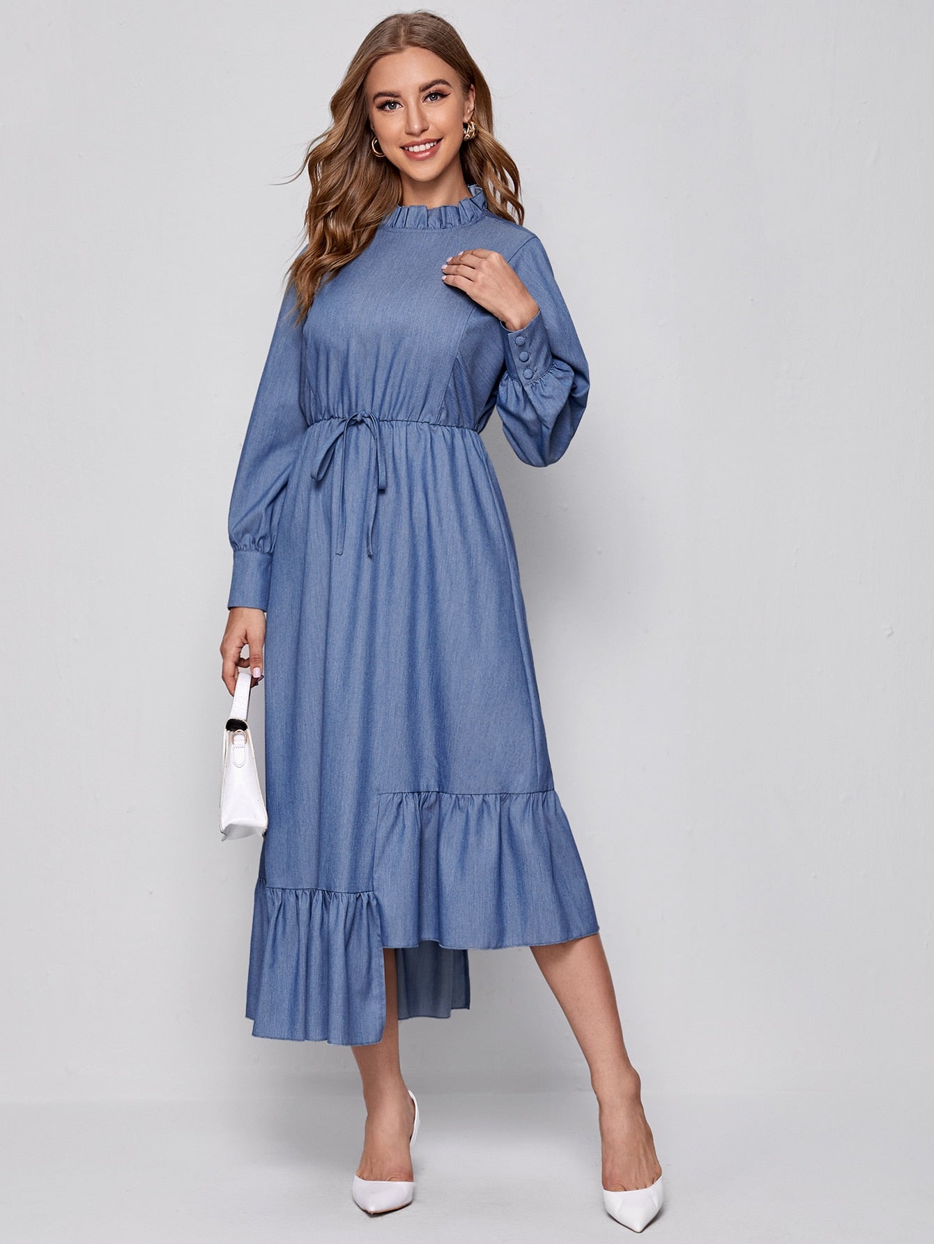 Frill Mock Neck Lantern Sleeve Asymmetrical Ruffle Hem Dress