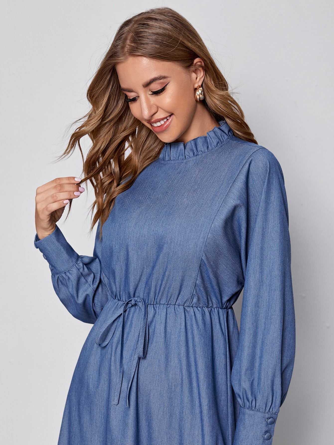 Frill Mock Neck Lantern Sleeve Asymmetrical Ruffle Hem Dress