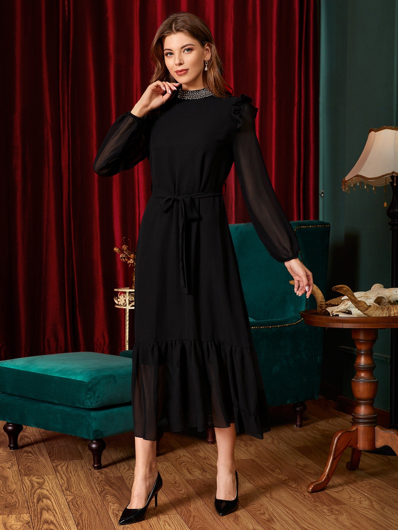 Solid Rhinestone Detail Ruffle Hem Belted A-line Dress