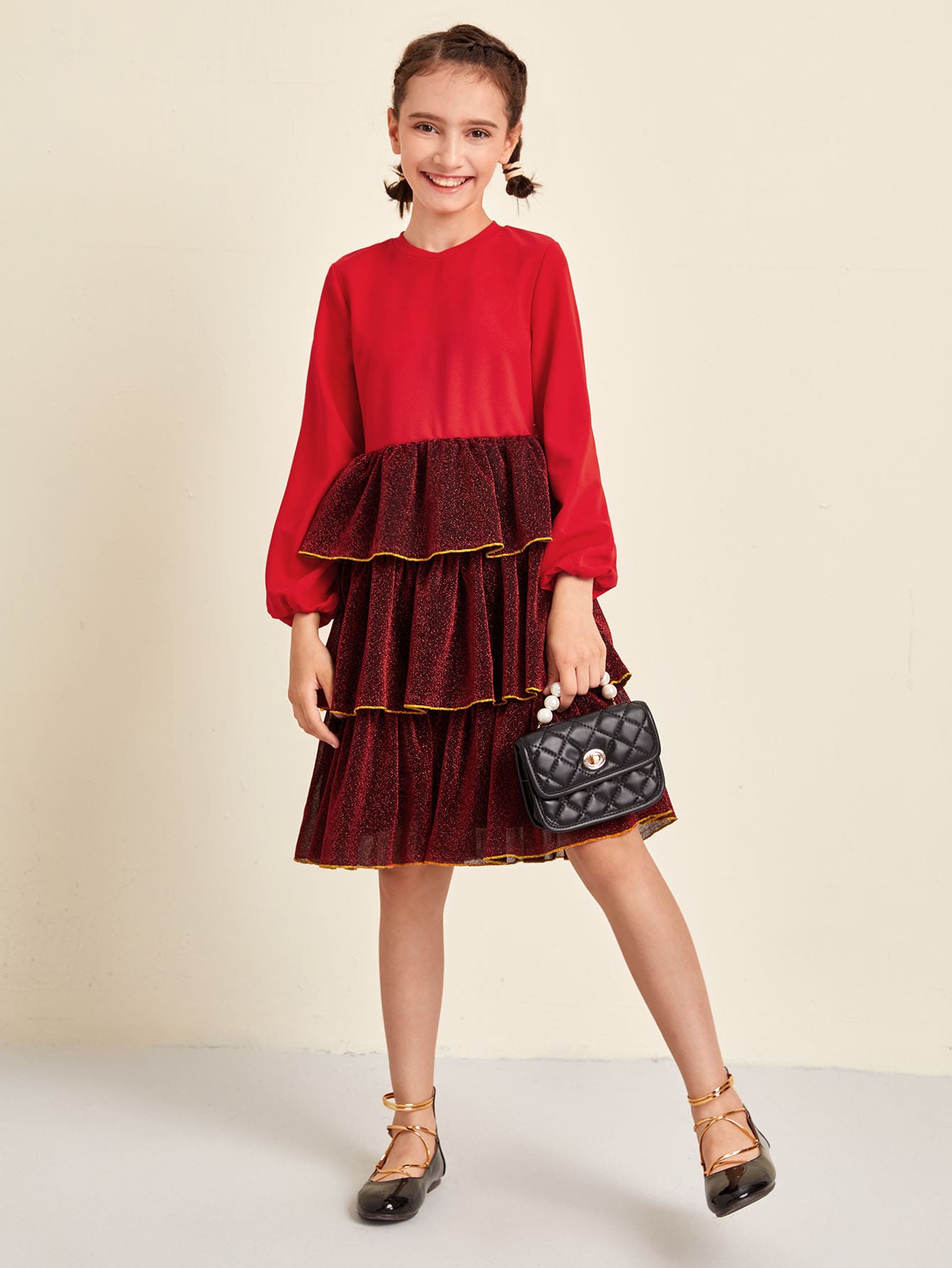 Girls Layered Ruffle Mesh Hem Dress