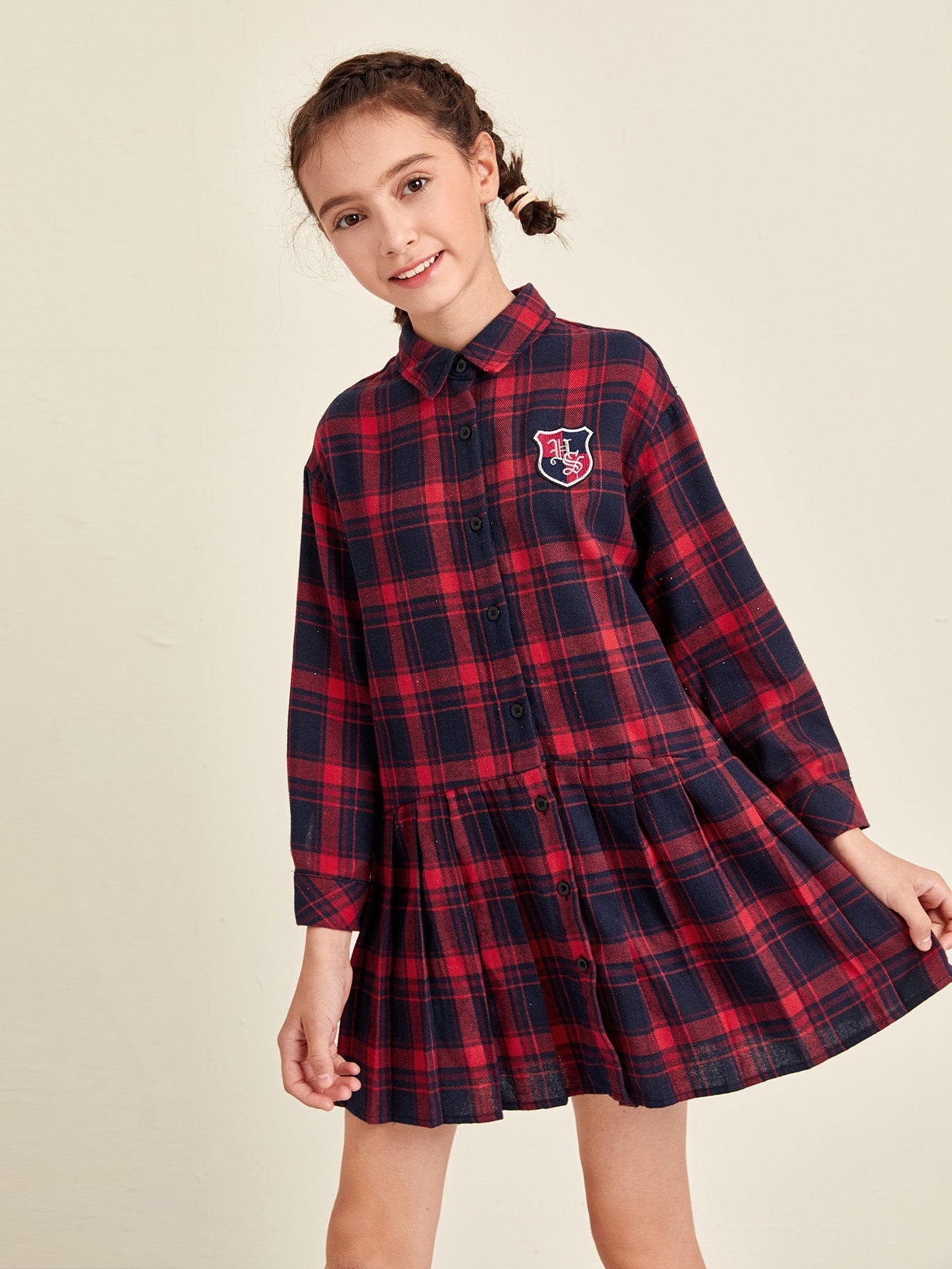 Girls Tartan Pleated Hem Shirt Dress