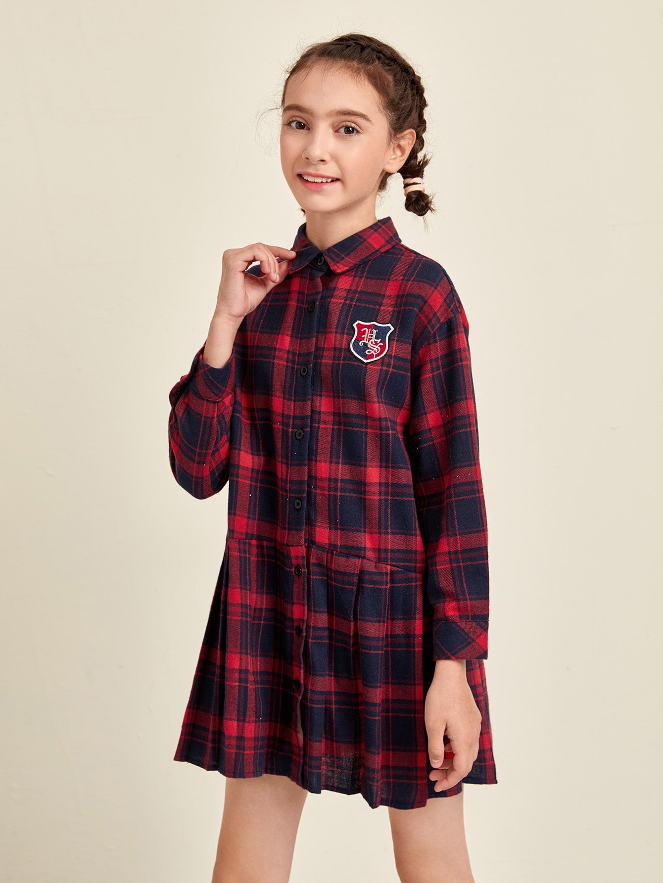 Girls Tartan Pleated Hem Shirt Dress