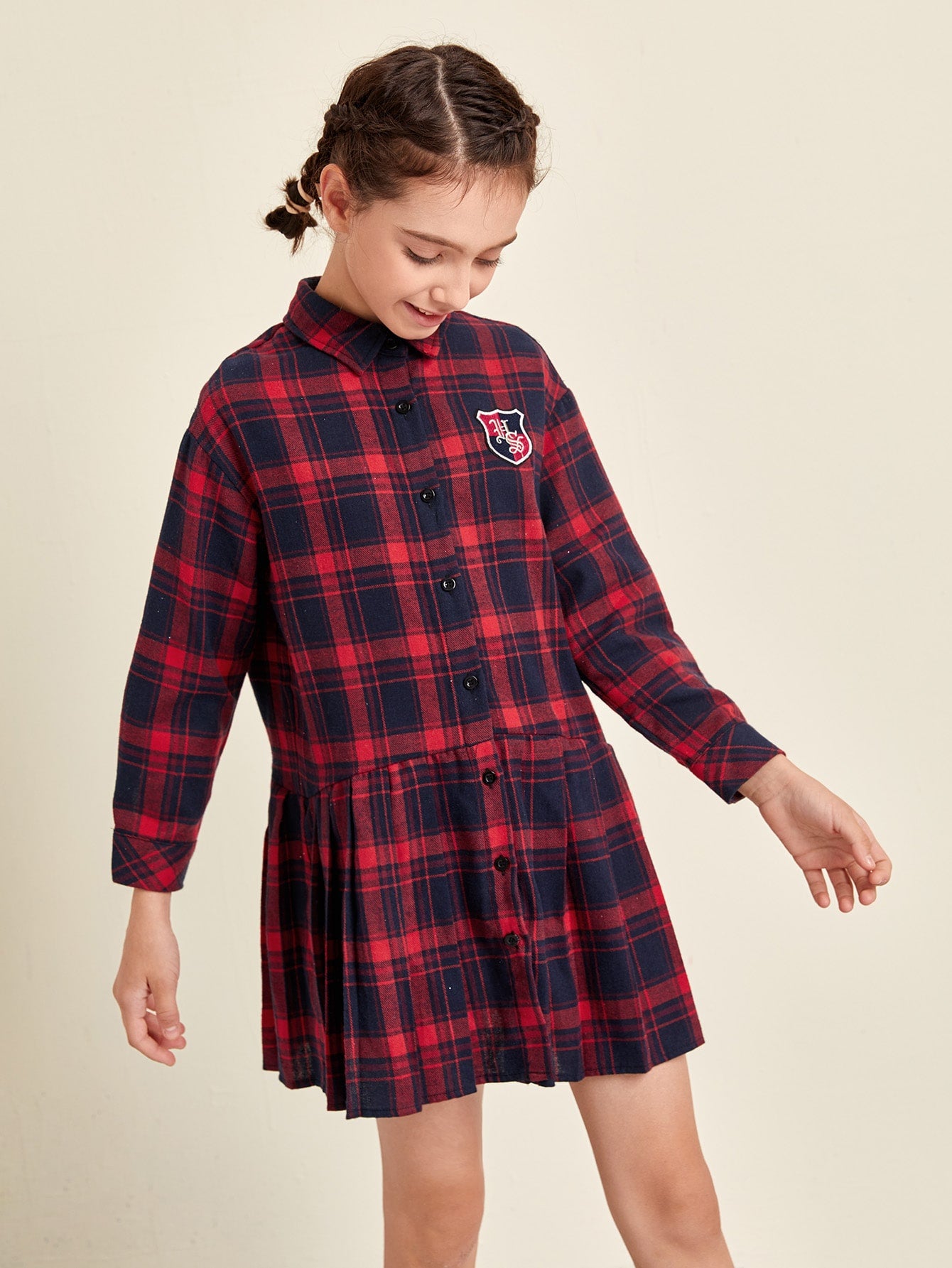 Girls Tartan Pleated Hem Shirt Dress