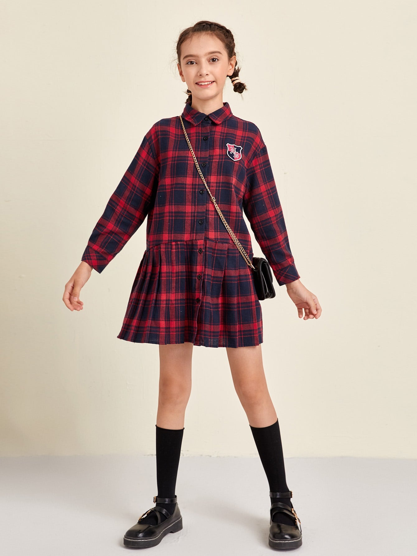 Girls Tartan Pleated Hem Shirt Dress