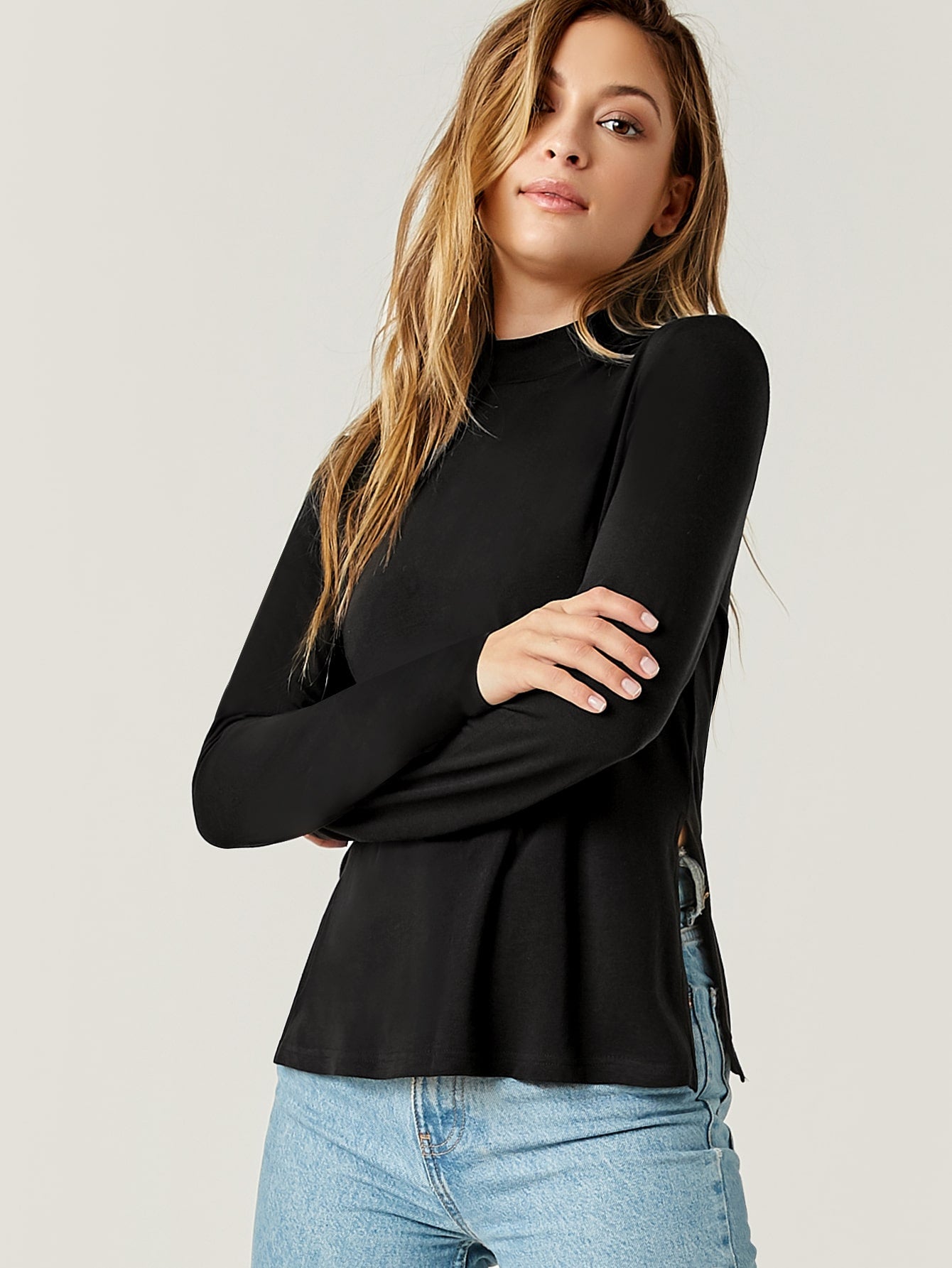 Mock Neck Split Hem Tee