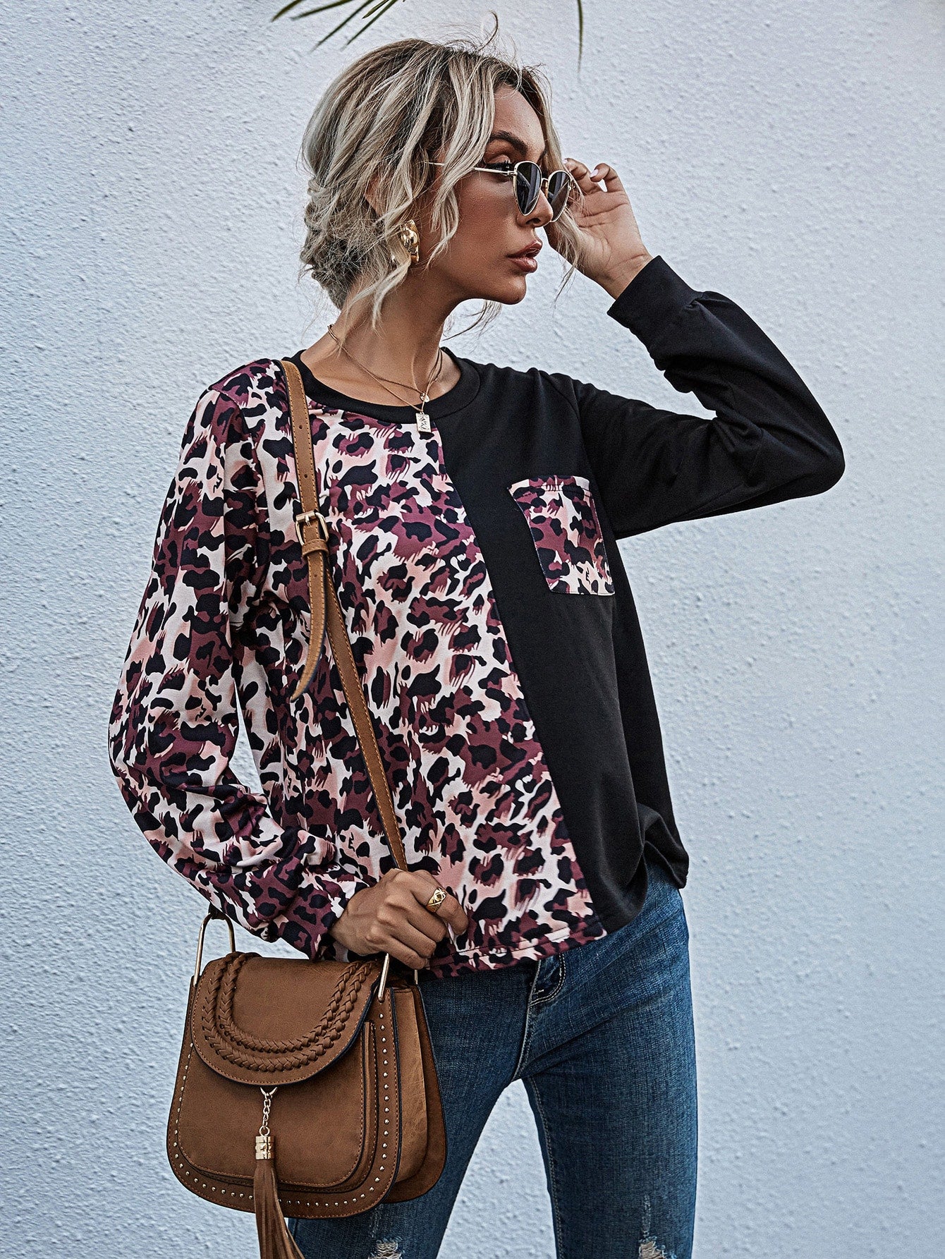 Patch Pocket Leopard Colorblock Tee