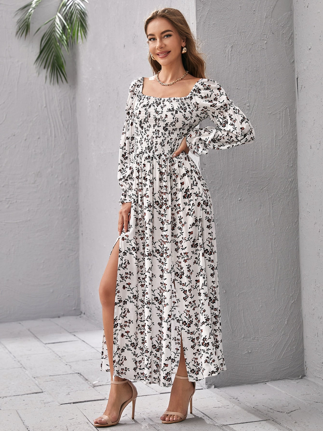 Gather Sleeve Shirred Bodice Split Thigh Floral Dress