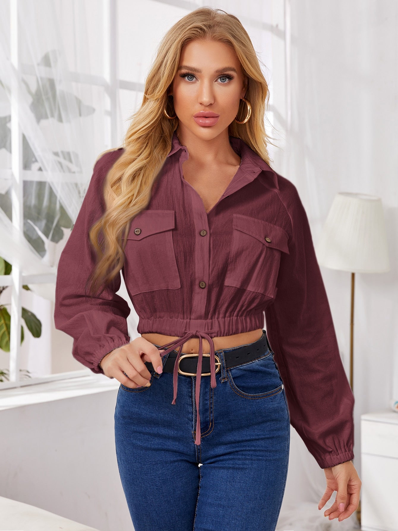 Flap Pocket Button Front Raglan Sleeve Top