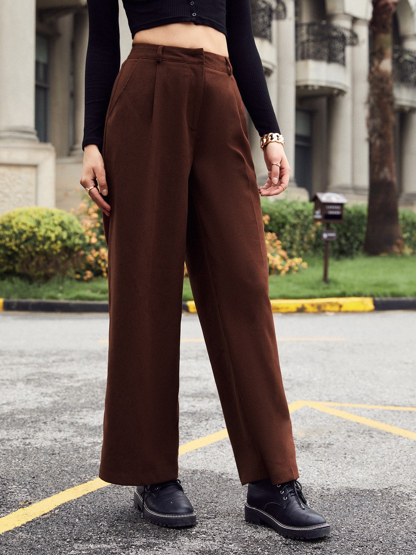 High Waist Pocket Side Wide Leg Pants