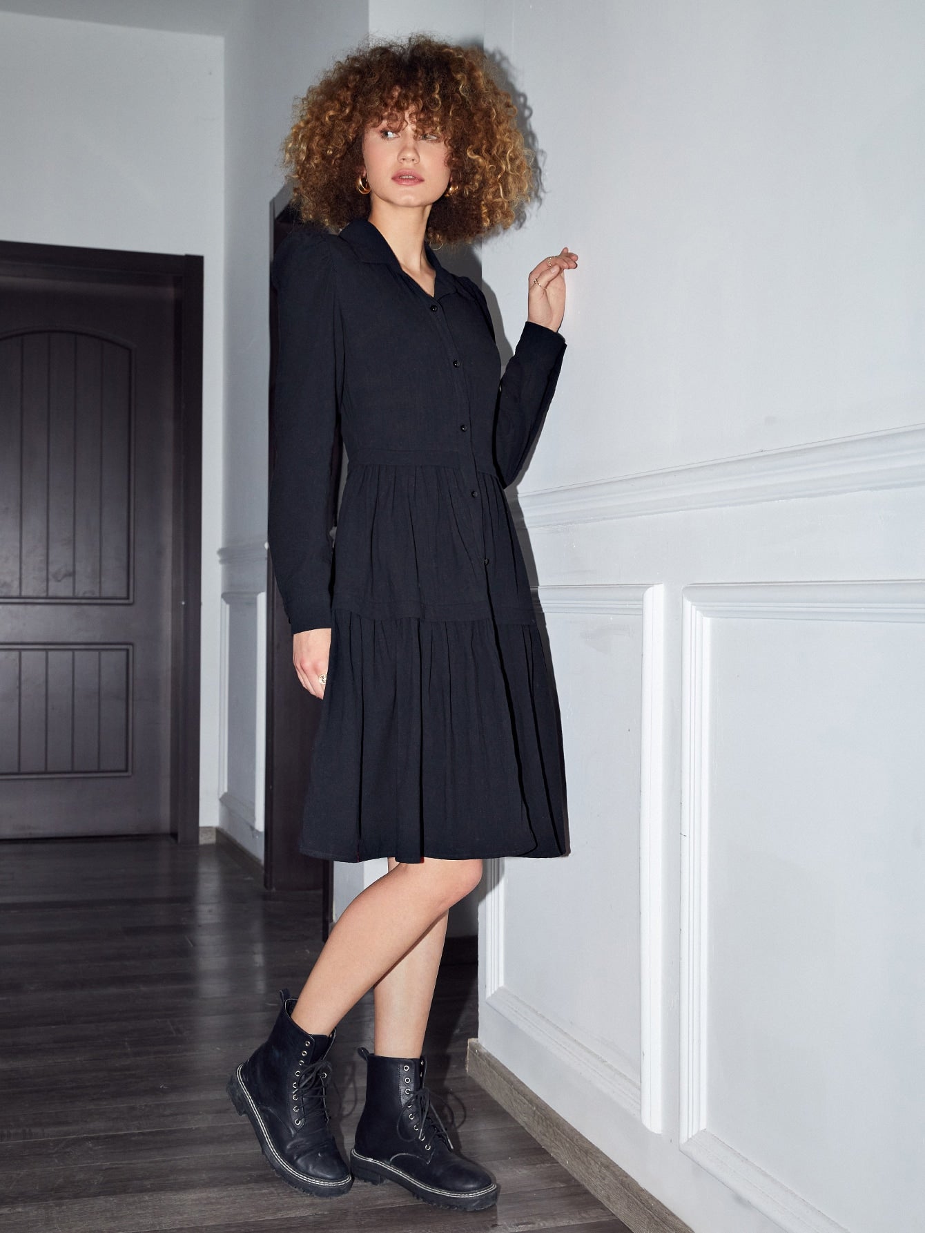 Button Front Flounce Hem Dress