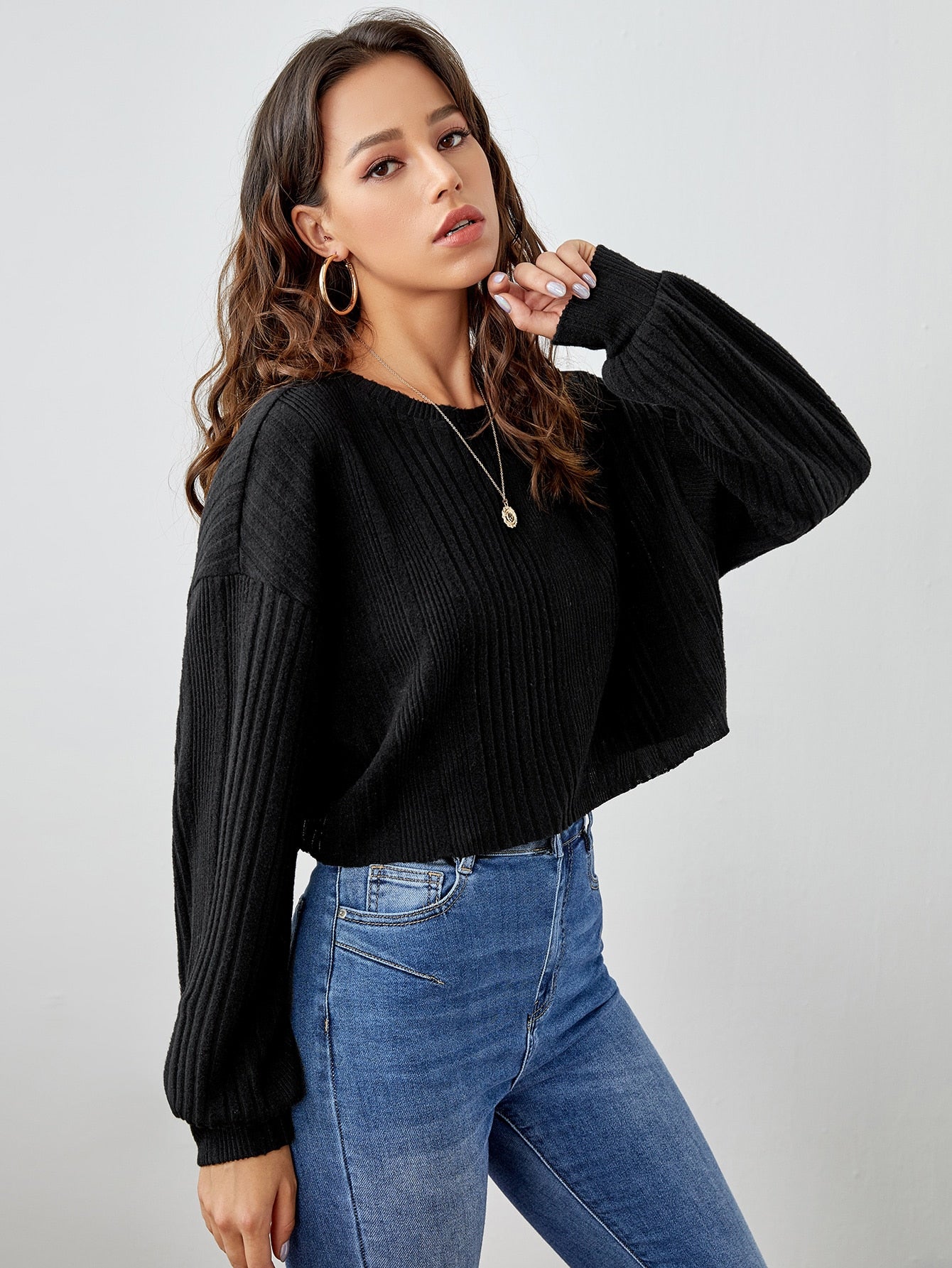Drop Shoulder Rib-knit Crop Tee