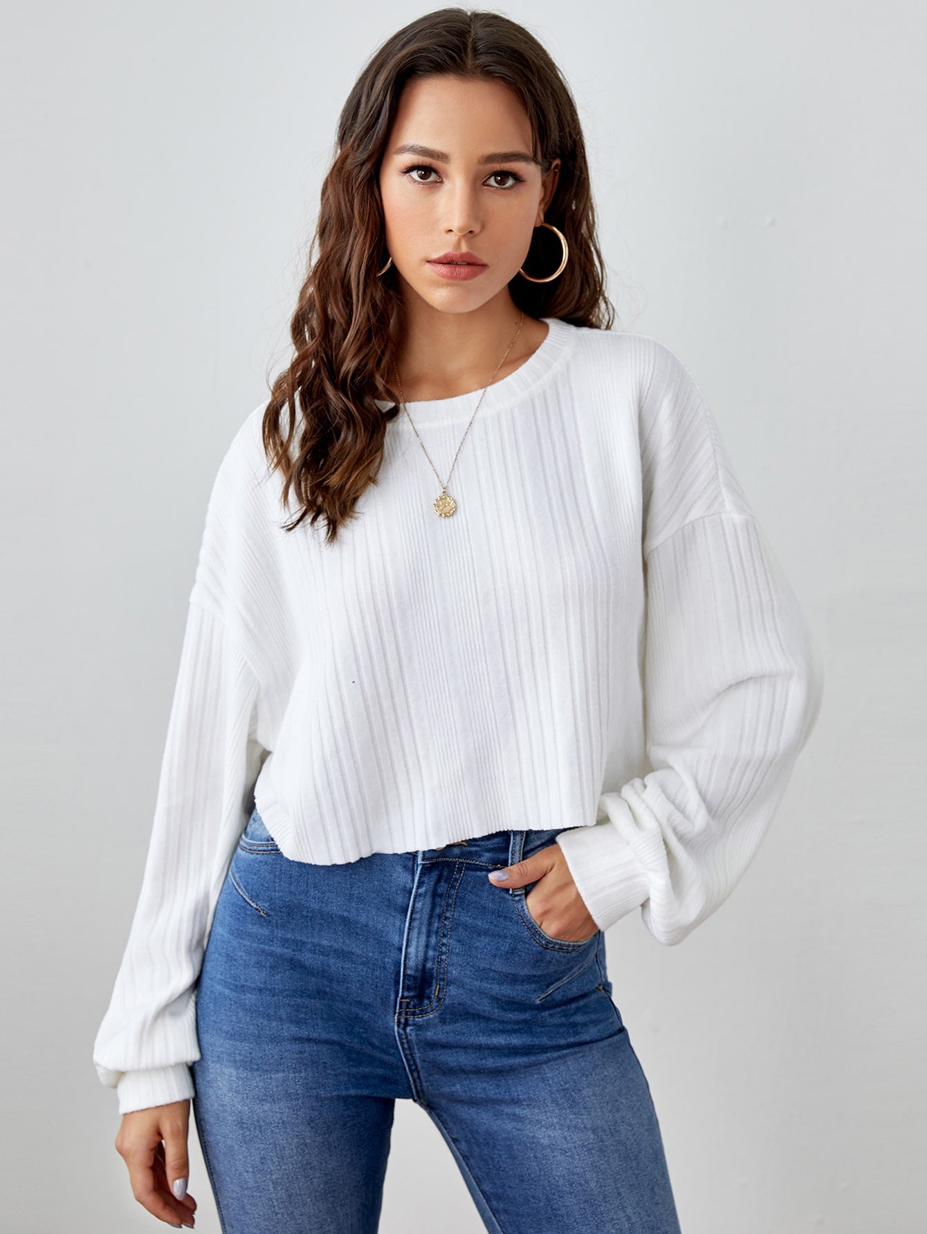 Drop Shoulder Rib-knit Crop Tee