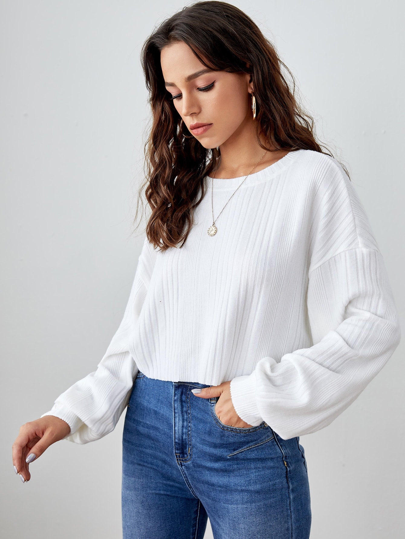 Drop Shoulder Rib-knit Crop Tee