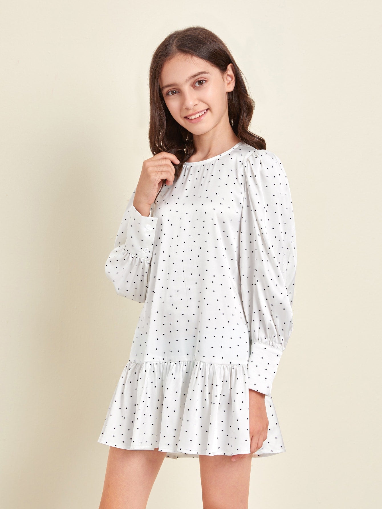 Girls Bishop Sleeve Polka Dot Smock Dress