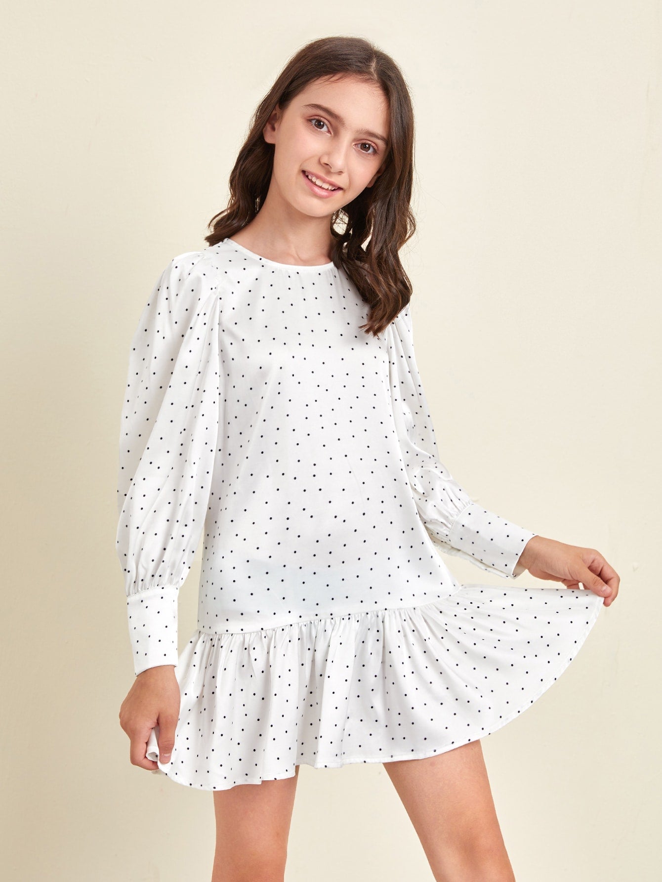 Girls Bishop Sleeve Polka Dot Smock Dress