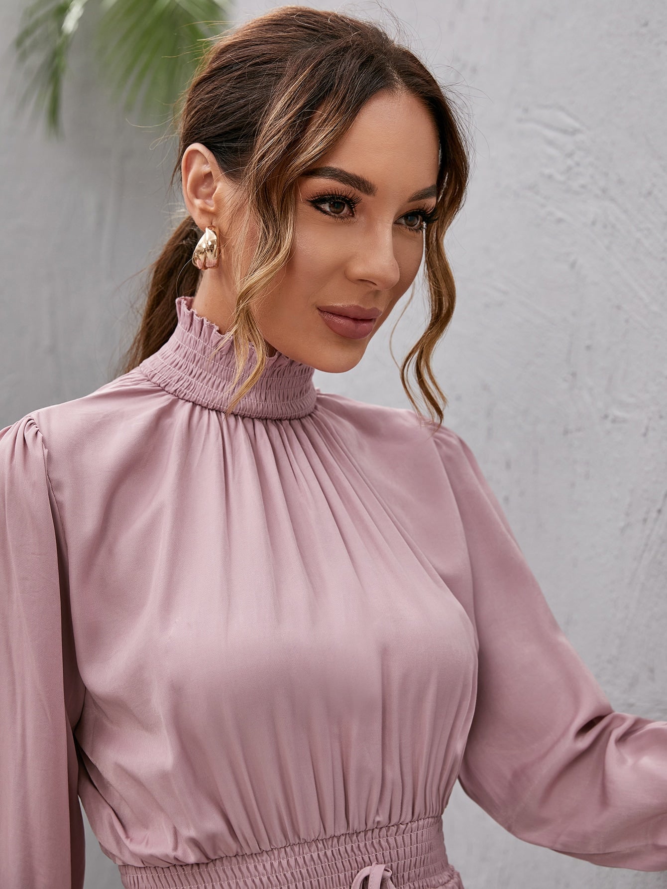 Shirred Neckline Bishop Sleeve Hanky Hem Dress