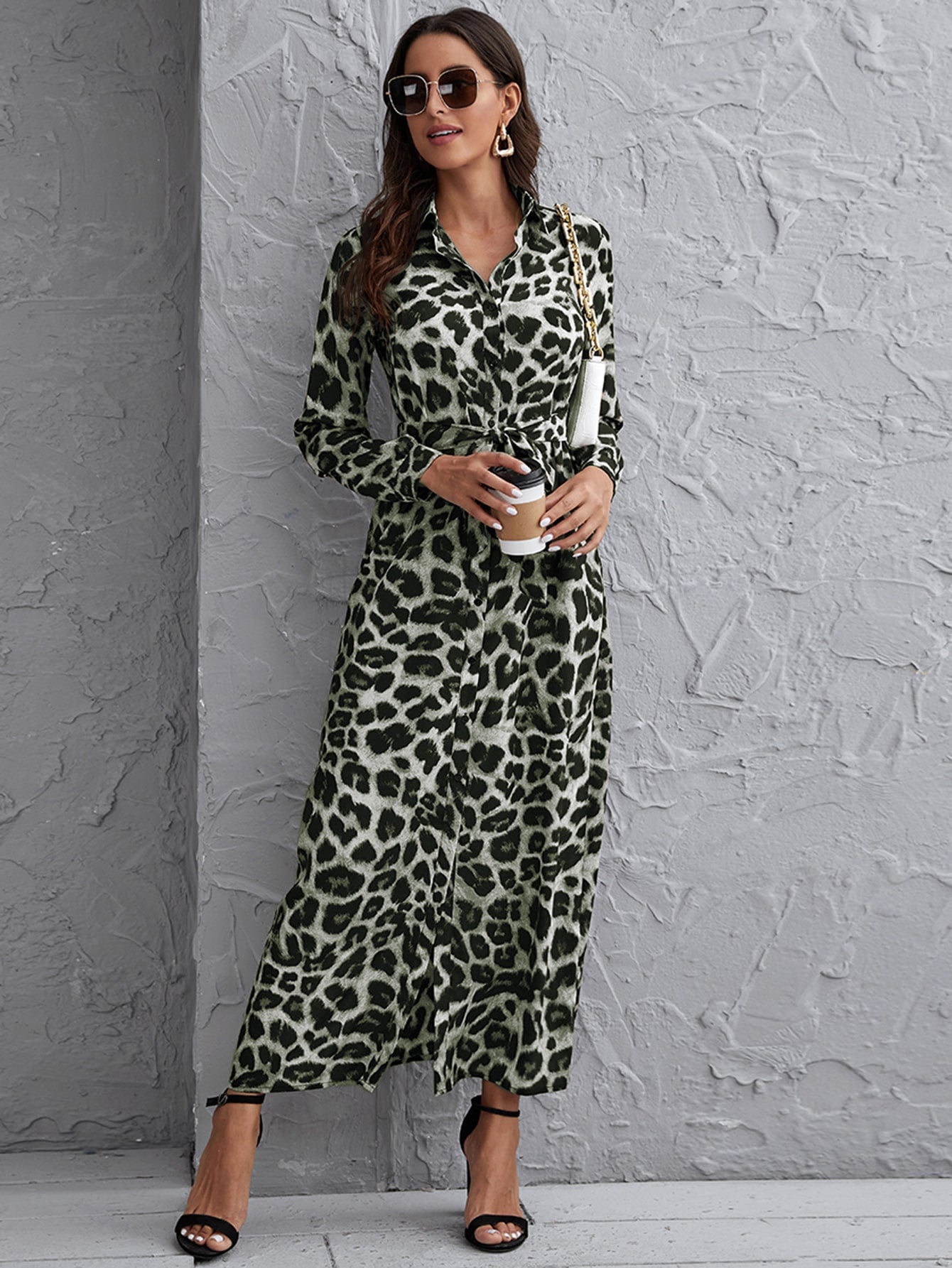 Button Front Self Belted Leopard Shirt Dress