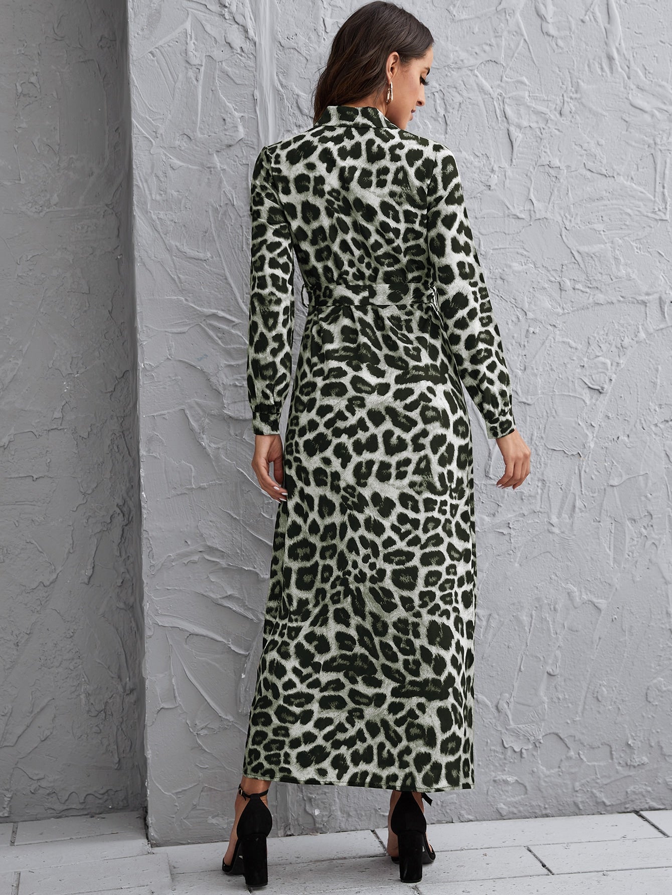 Button Front Self Belted Leopard Shirt Dress