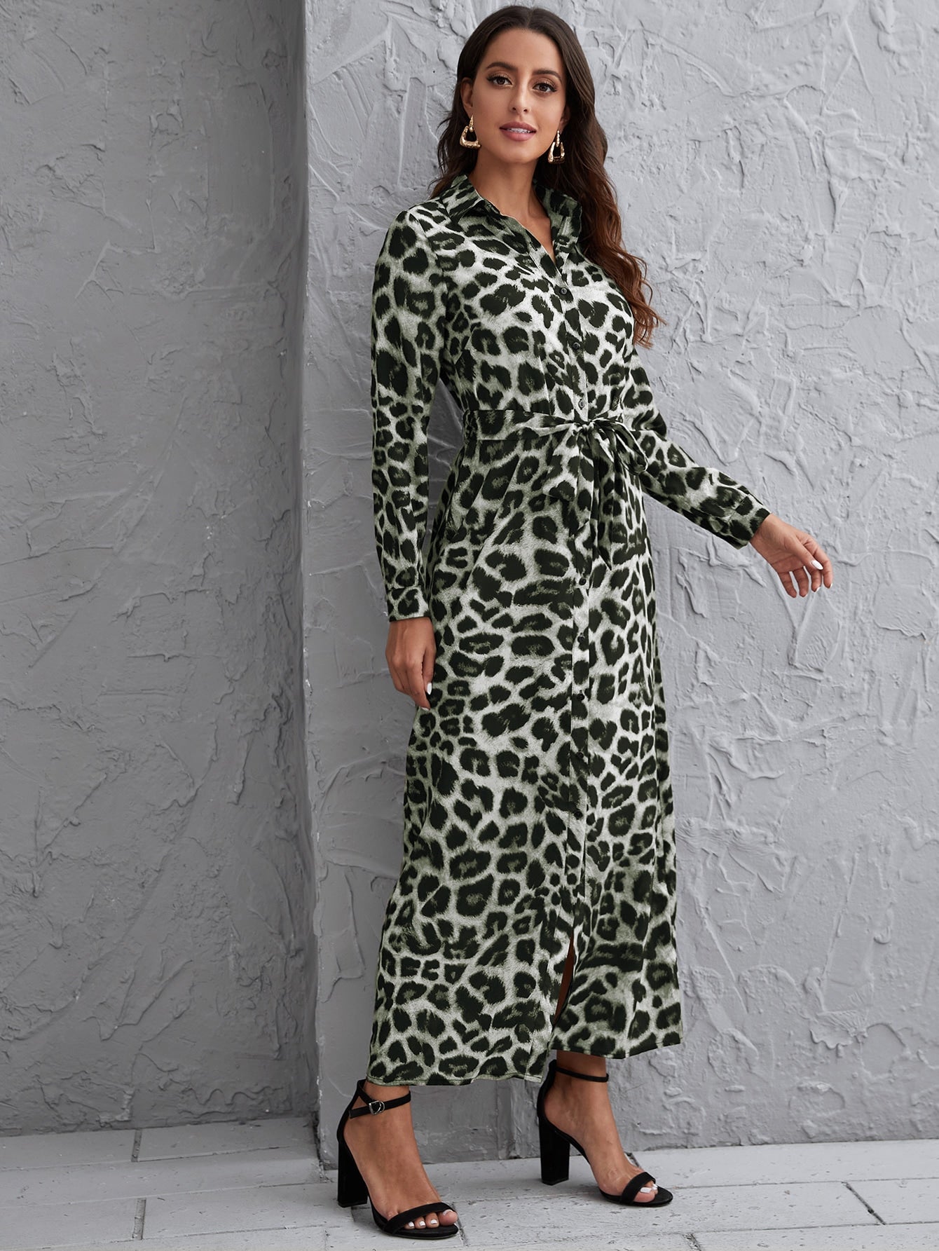 Button Front Self Belted Leopard Shirt Dress