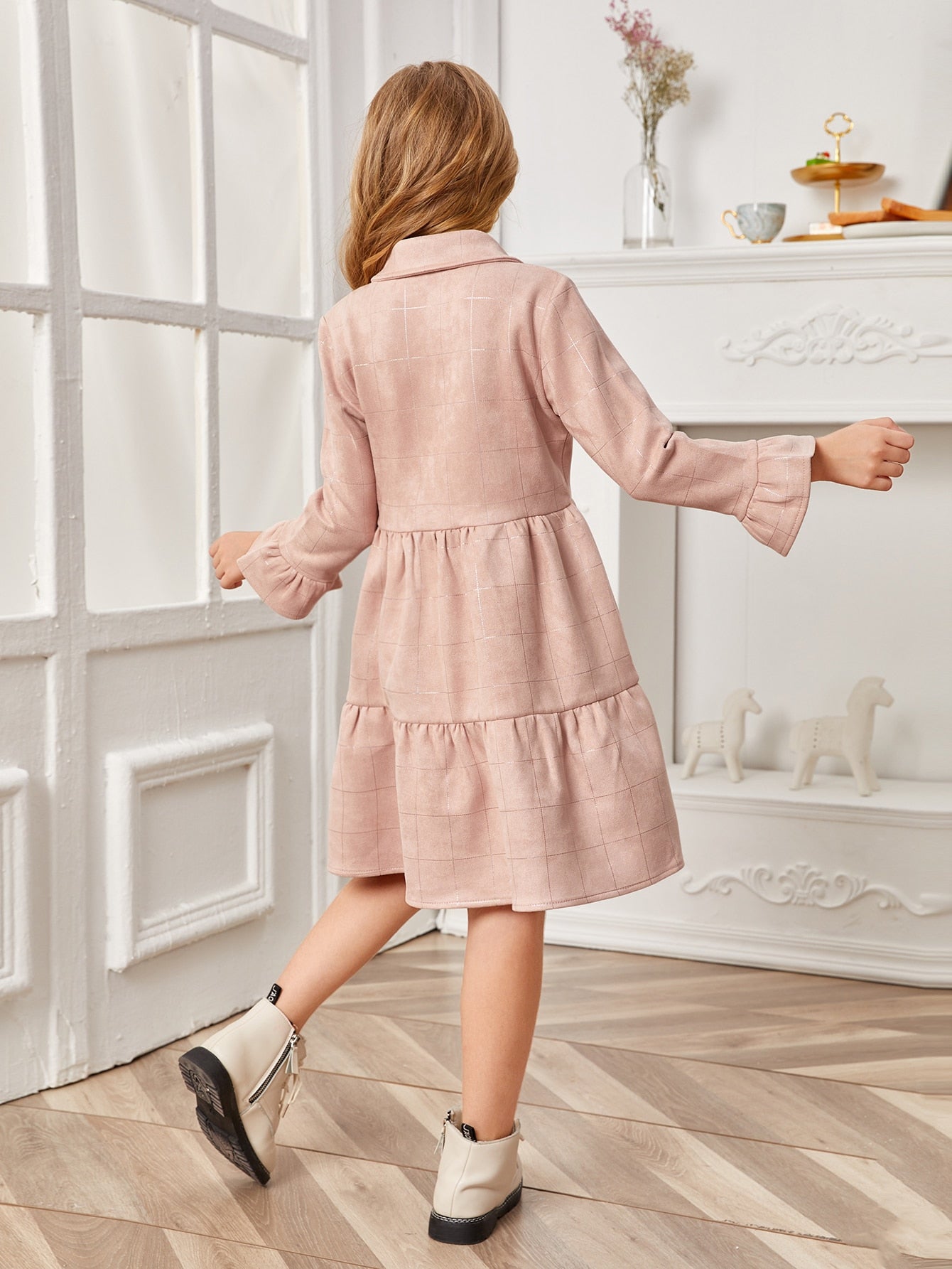 Girls Flounce Sleeve Grid Shirt Dress
