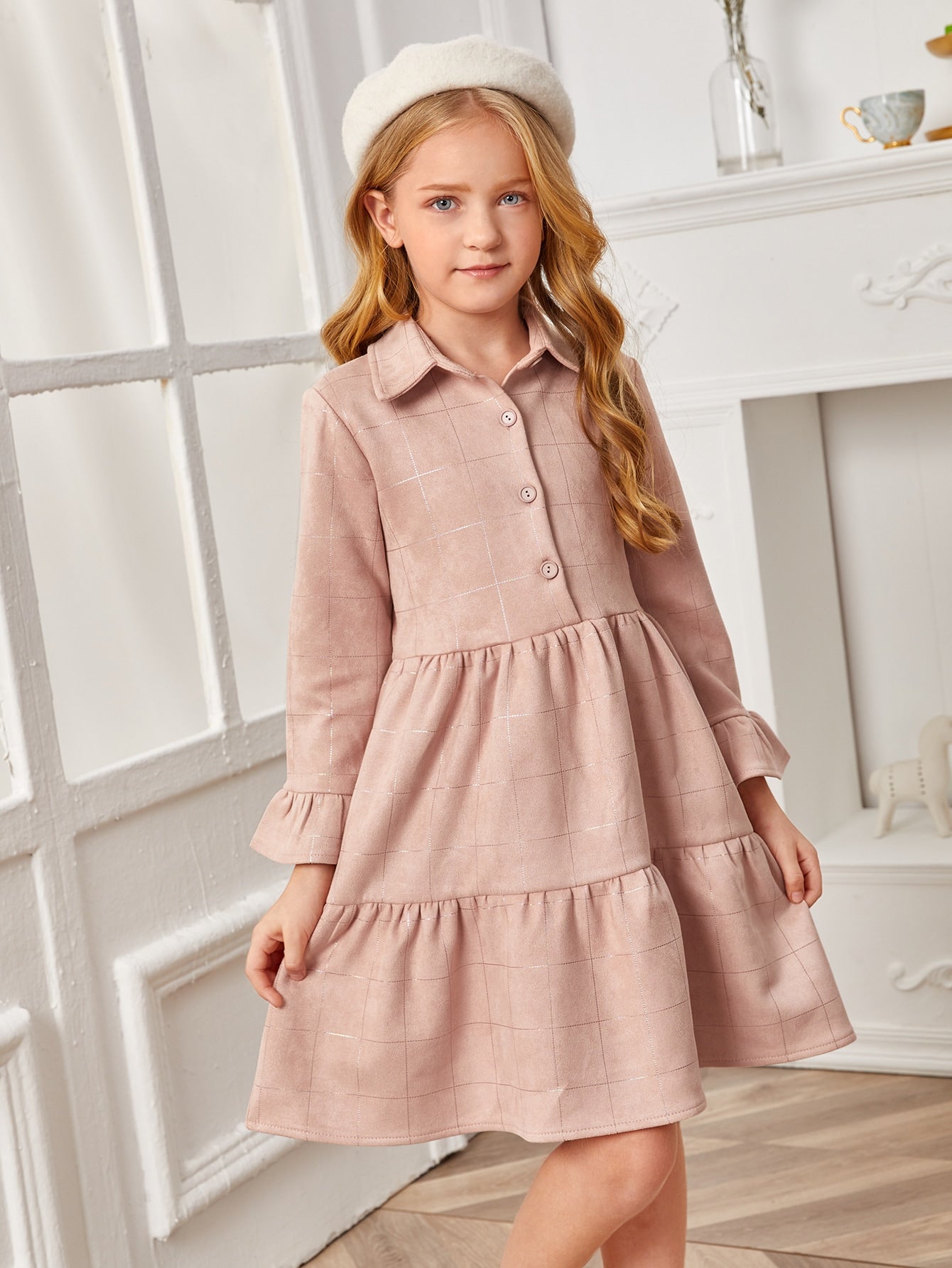 Girls Flounce Sleeve Grid Shirt Dress