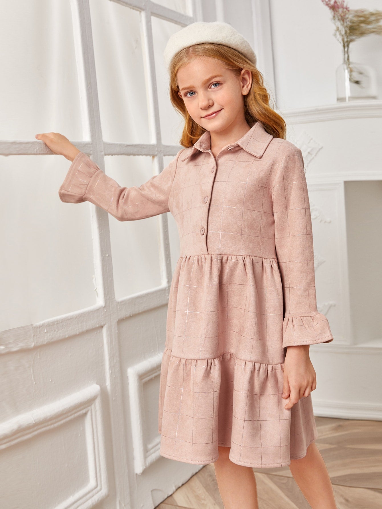 Girls Flounce Sleeve Grid Shirt Dress